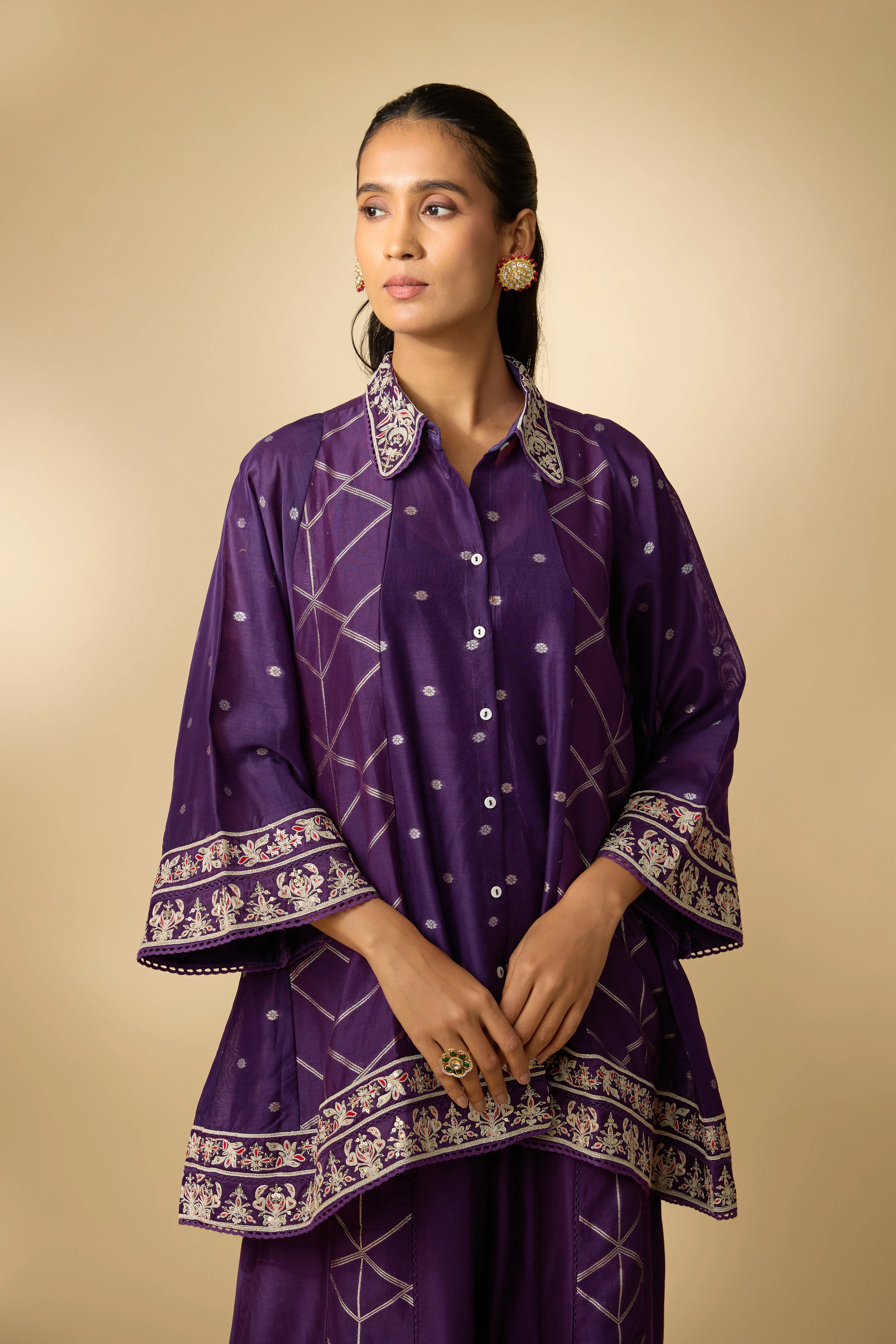 Hot Purple Embellished Slub Cotton Silk Co-Ord Set - Image 2