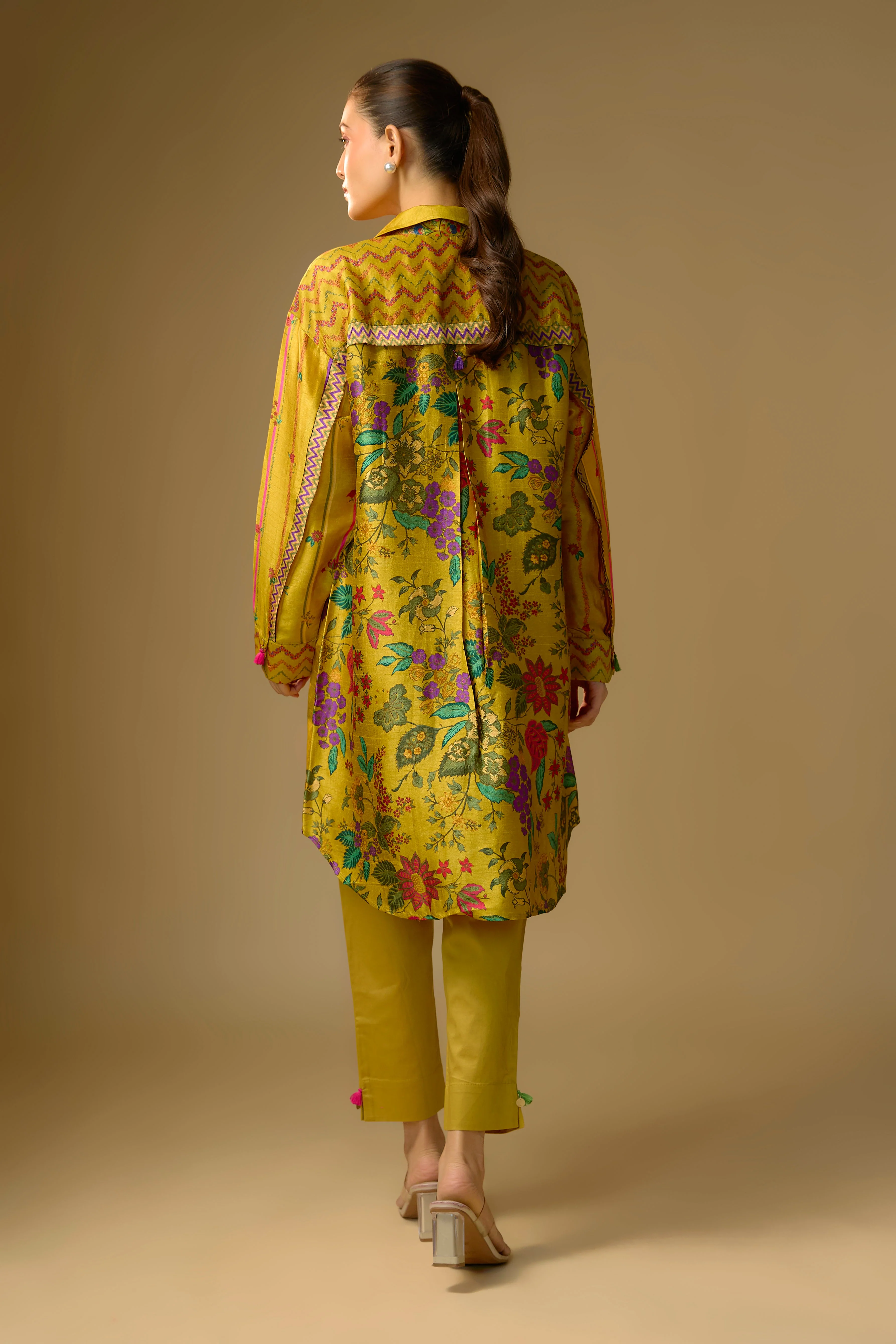 Mustard Yellow Printed Slub Cotton Silk Tunic Top - Image 3