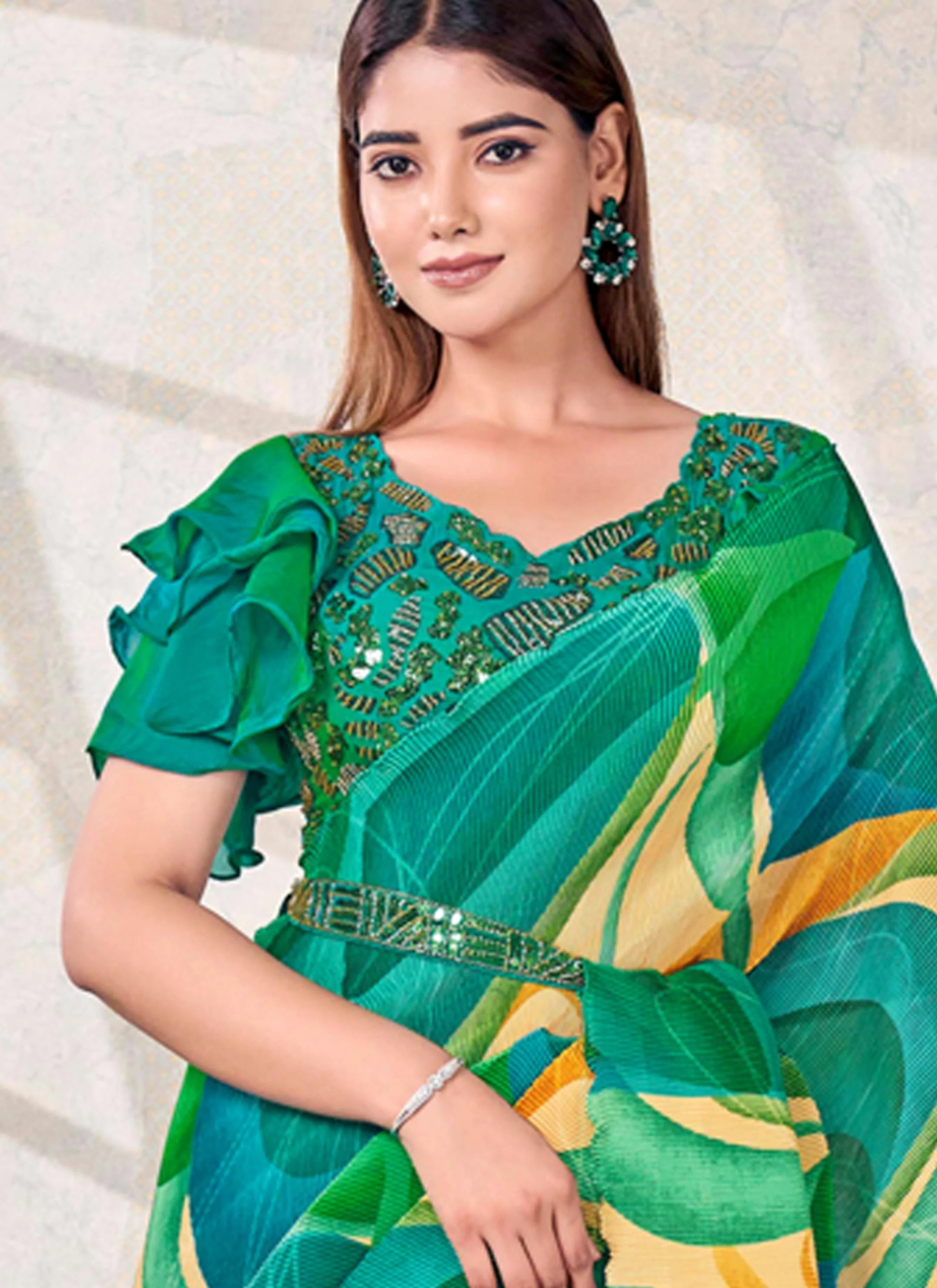 Green Swirl Satin Silk Saree - Image 2