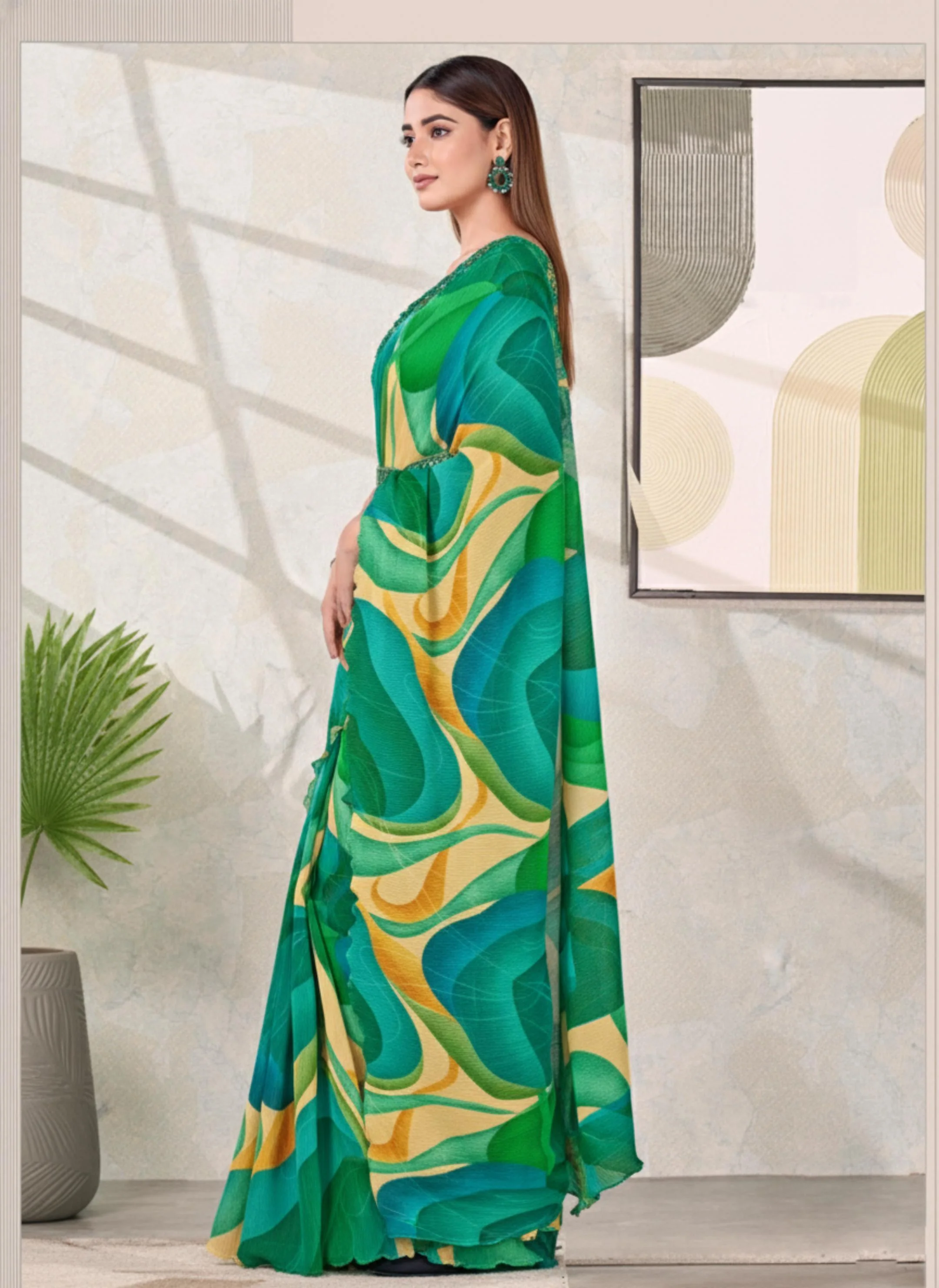 Green Swirl Satin Silk Saree - Image 3