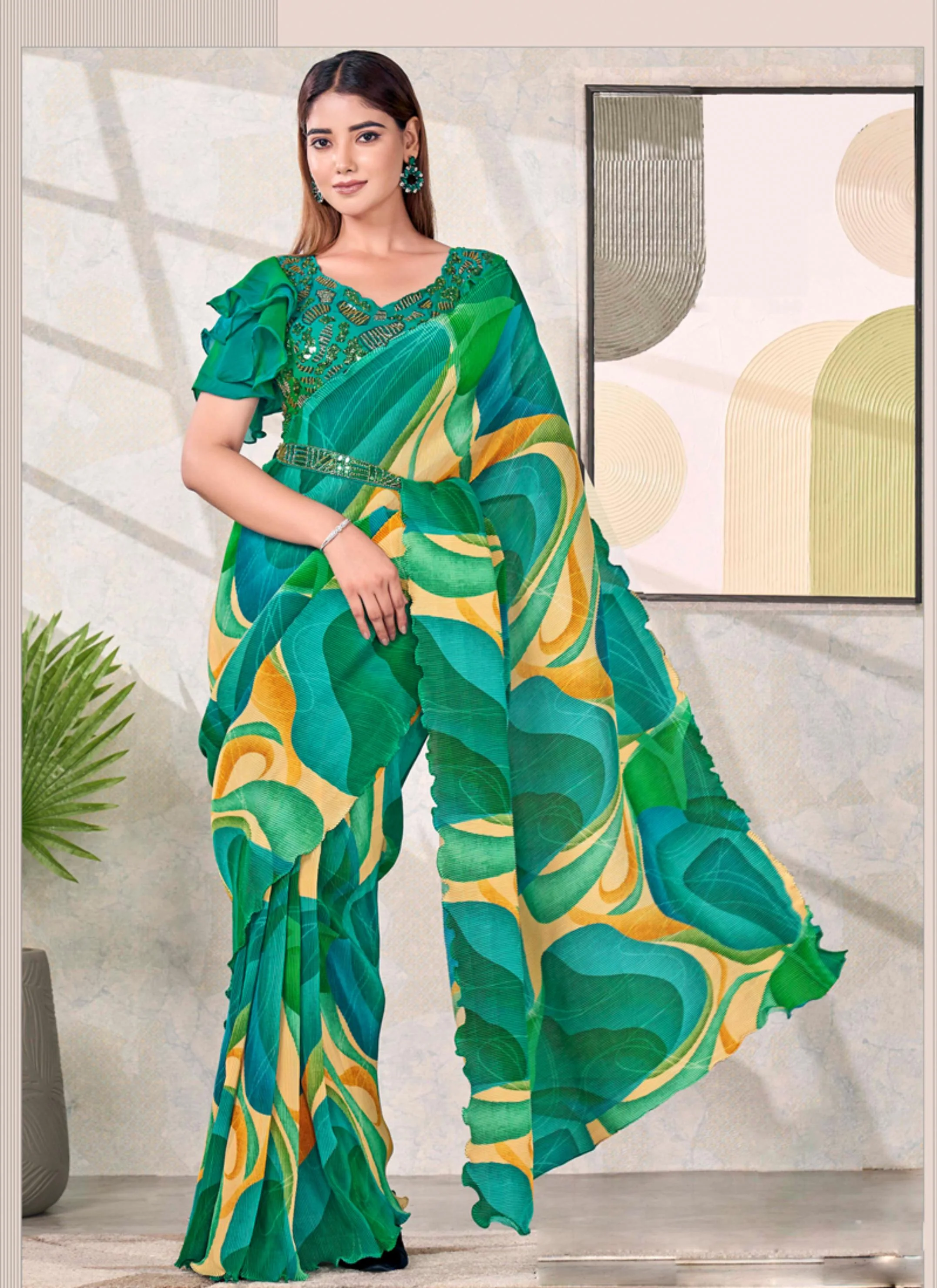 Green Swirl Satin Silk Saree - Image 4