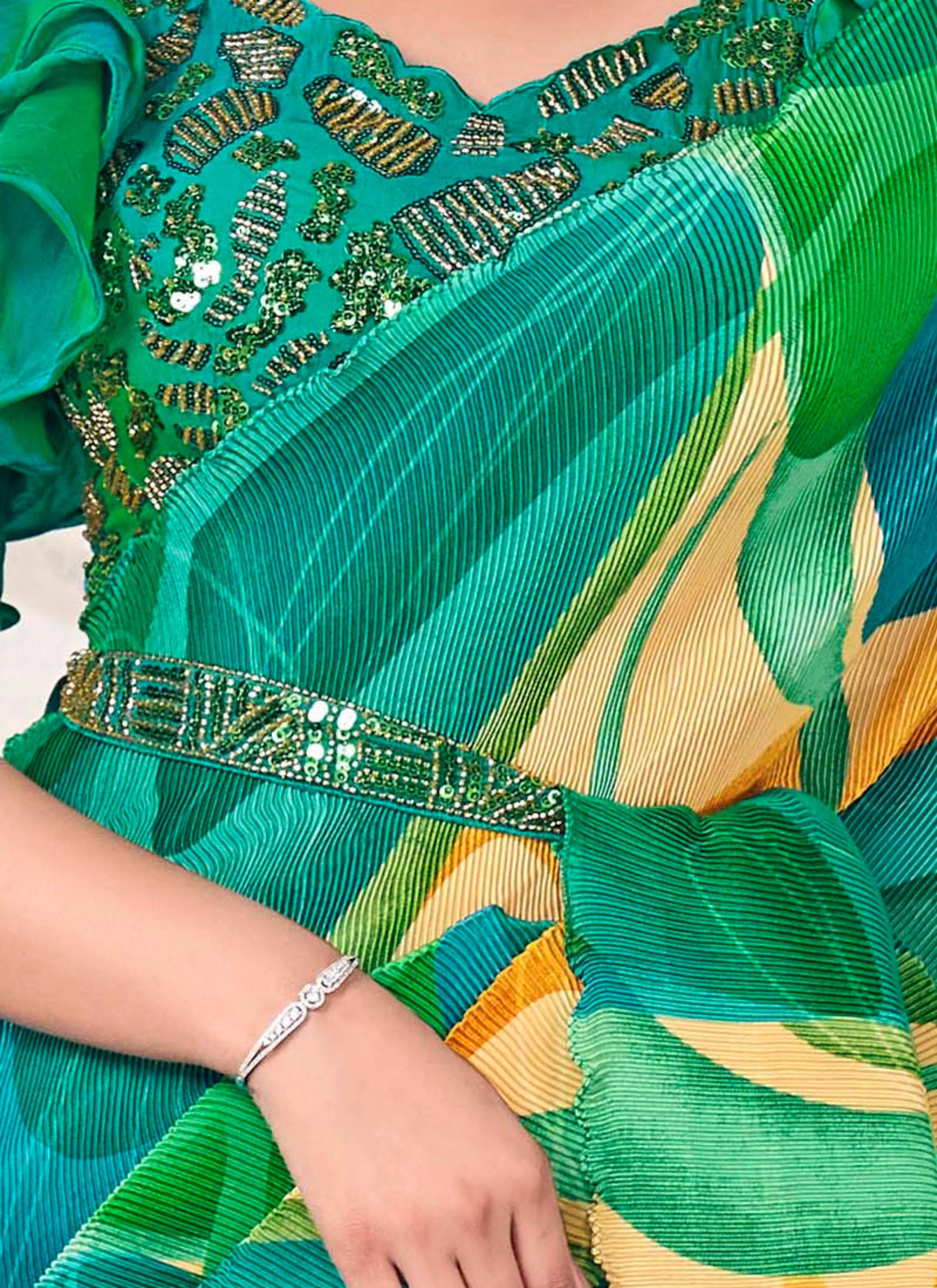 Green Swirl Satin Silk Saree - Image 5