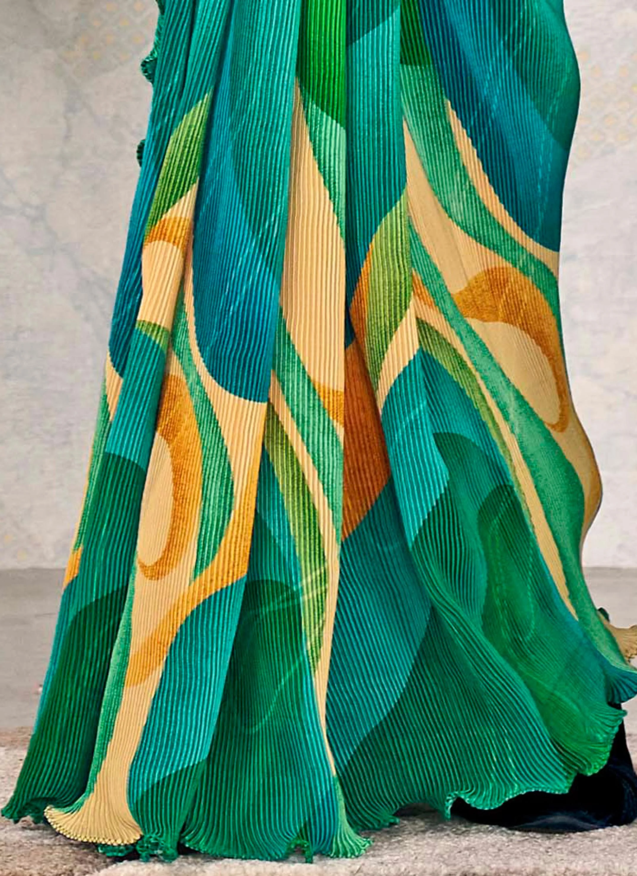 Green Swirl Satin Silk Saree - Image 6
