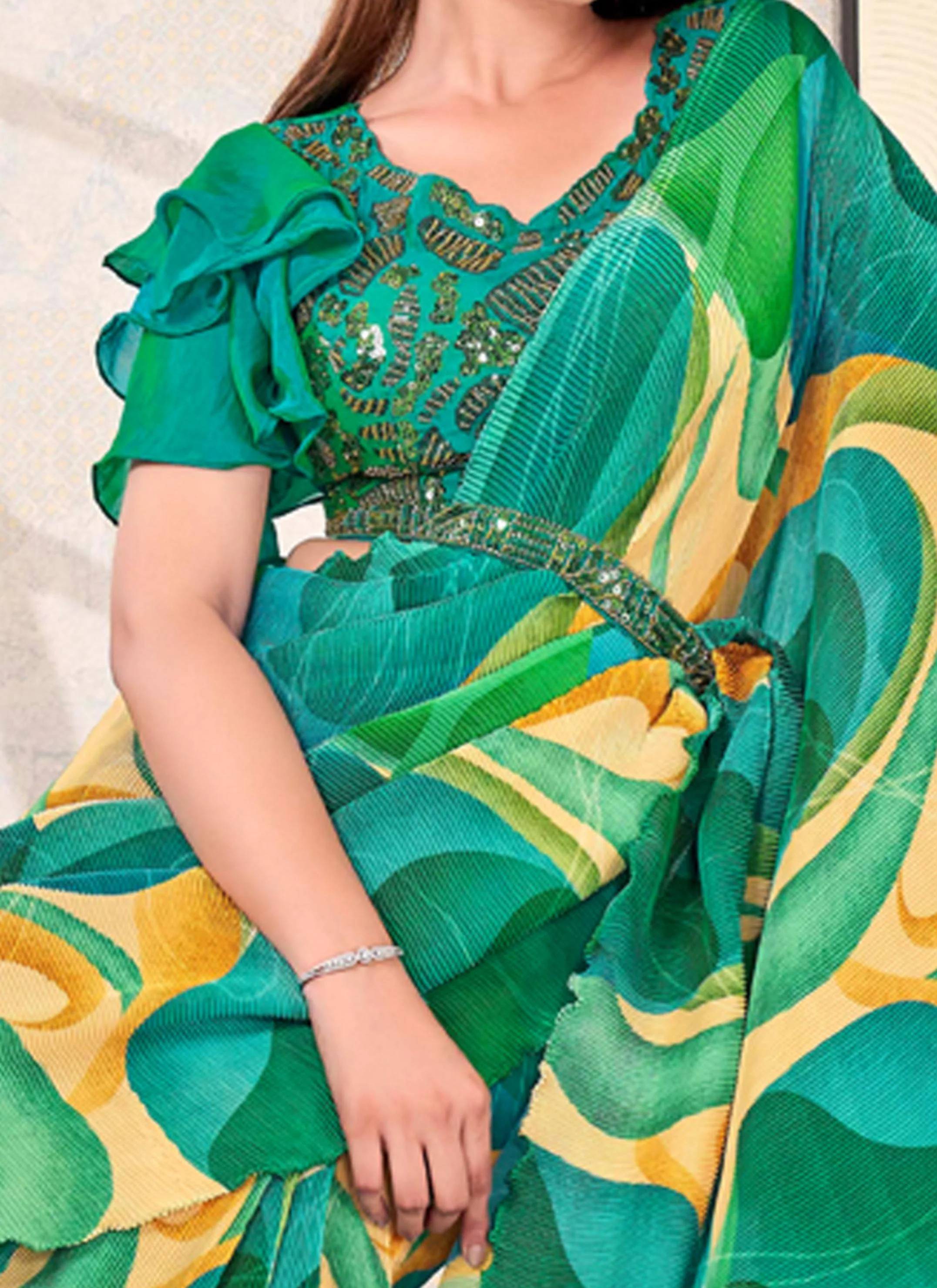 Green Swirl Satin Silk Saree - Image 7