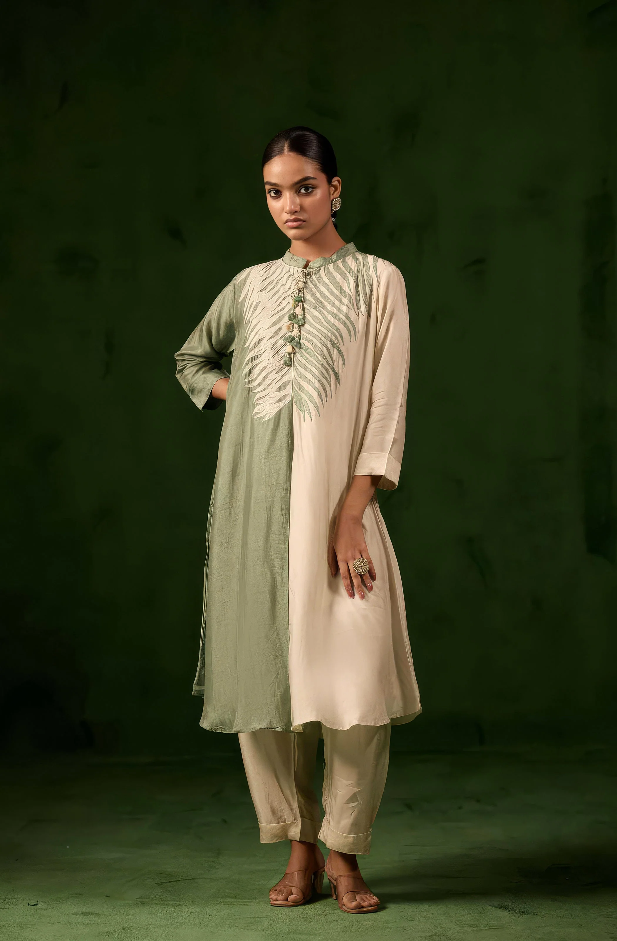 Green & White Embroidered Raw Silk Kurta Set