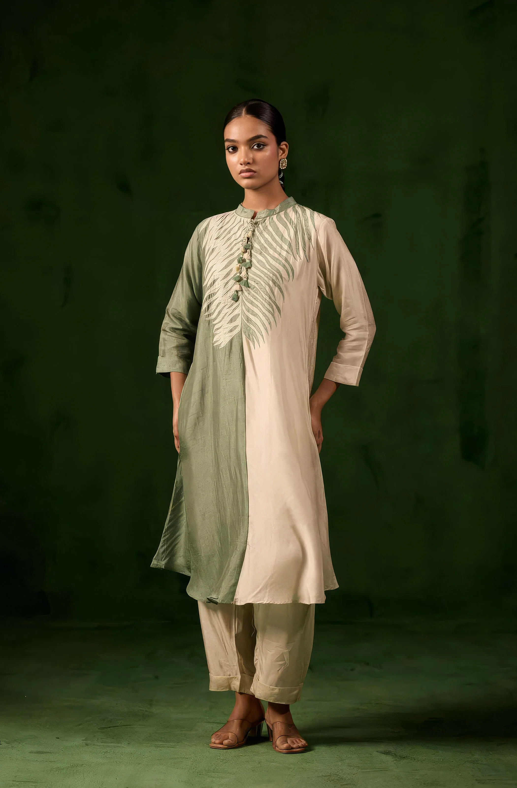 Green & White Embroidered Raw Silk Kurta Set - Image 4