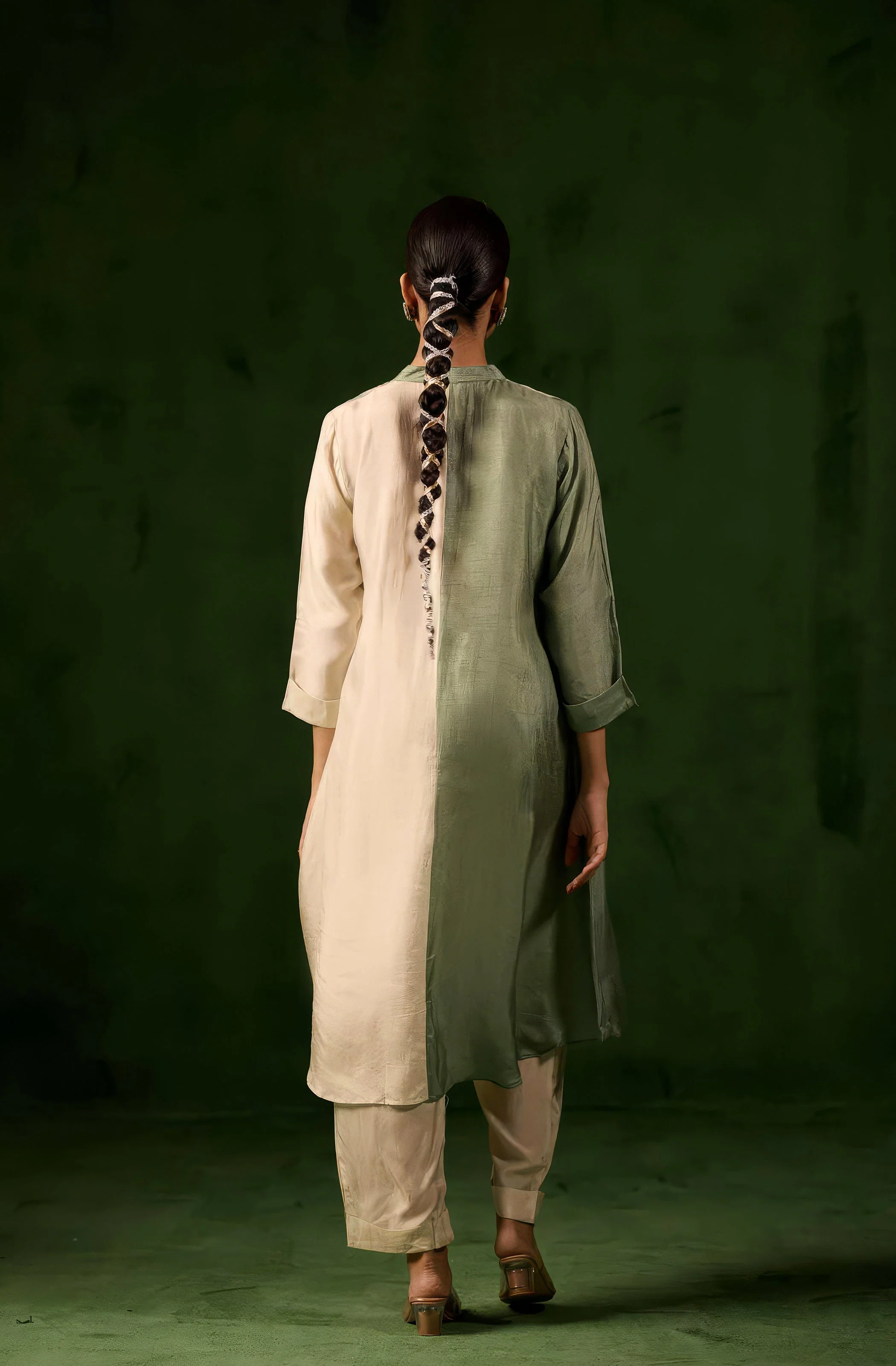 Green & White Embroidered Raw Silk Kurta Set - Image 5