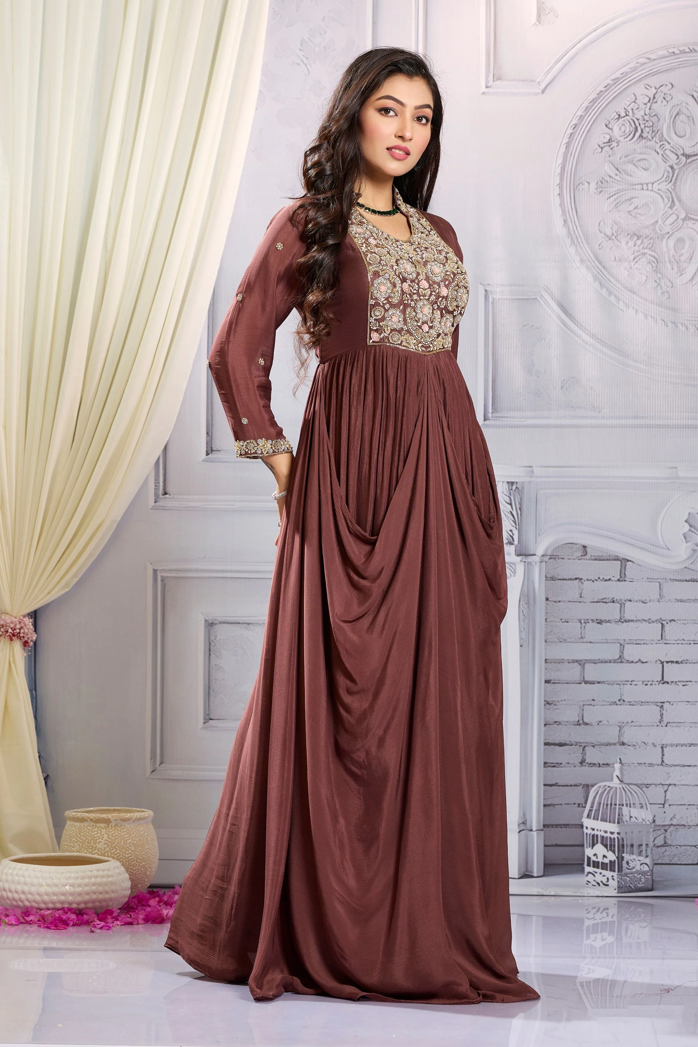 Brown Embellished Chinon Silk Draped Gown - Image 3