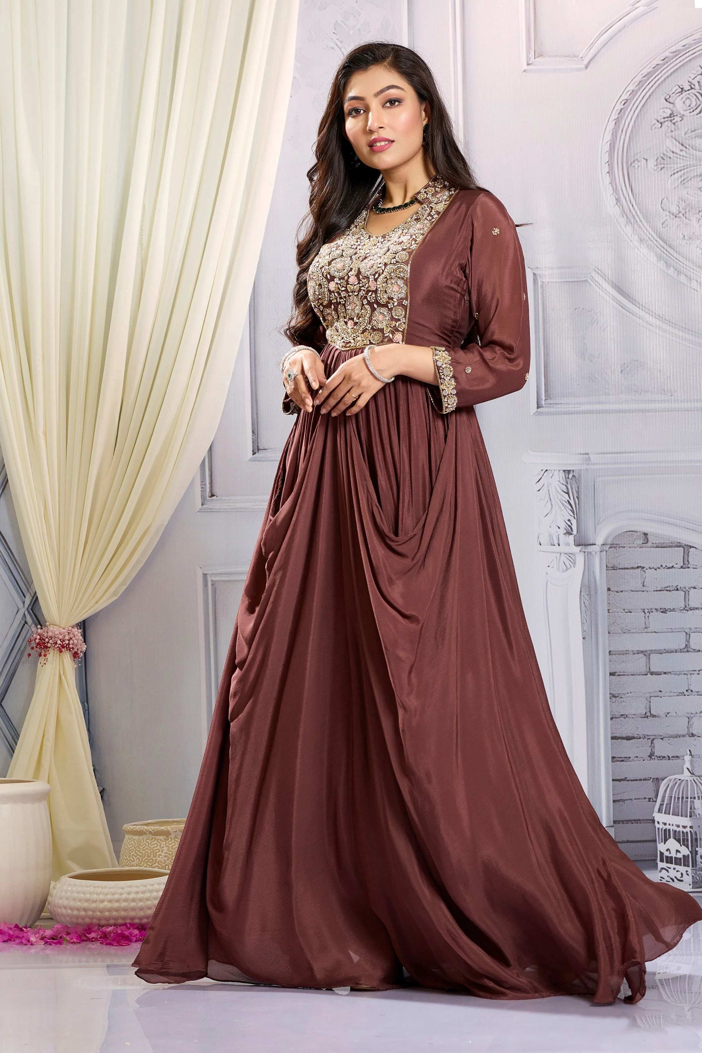 Brown Embellished Chinon Silk Draped Gown - Image 4