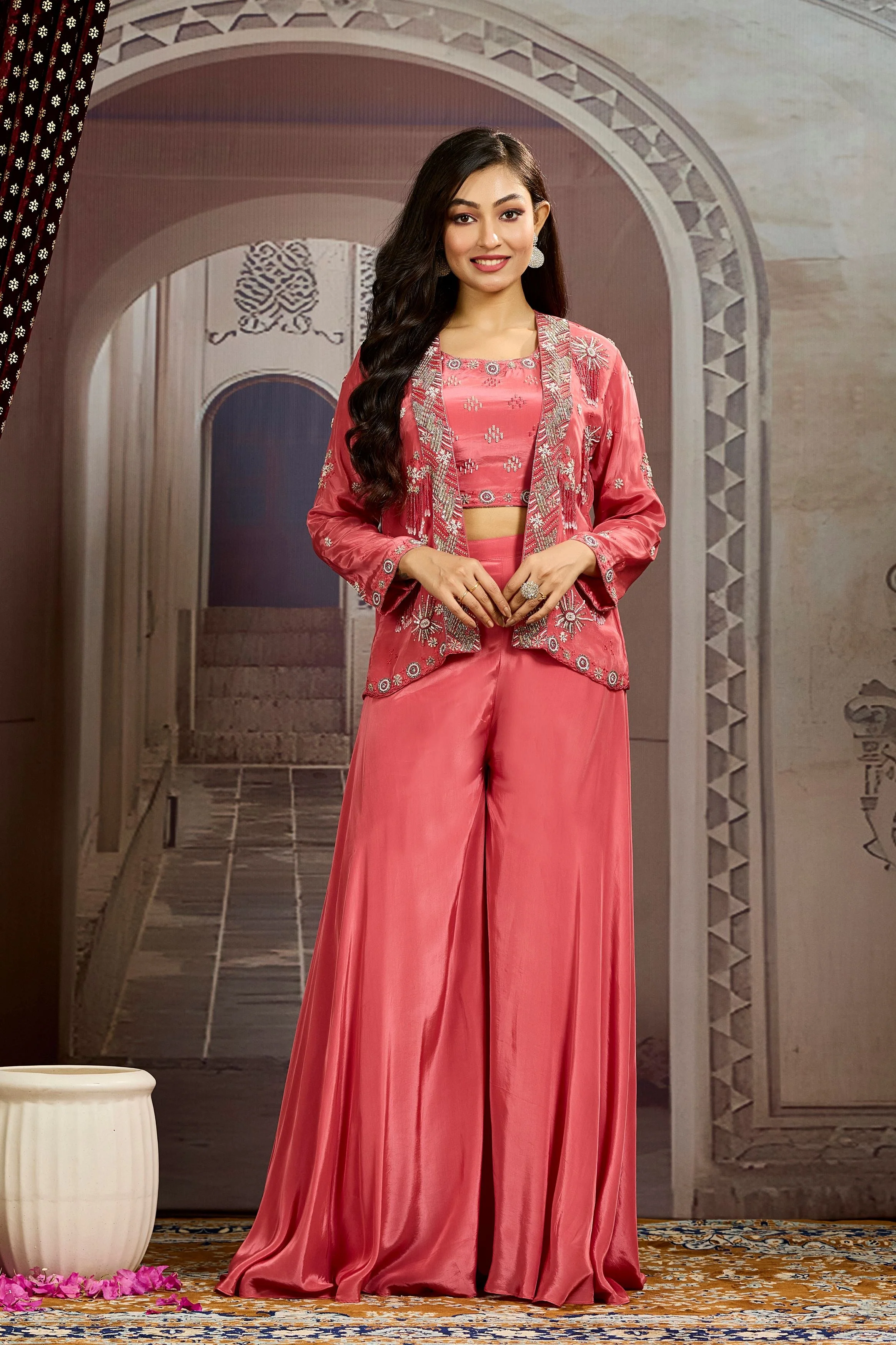 Peach Embellished Chinon Silk Jacket Sharara Set - Image 3