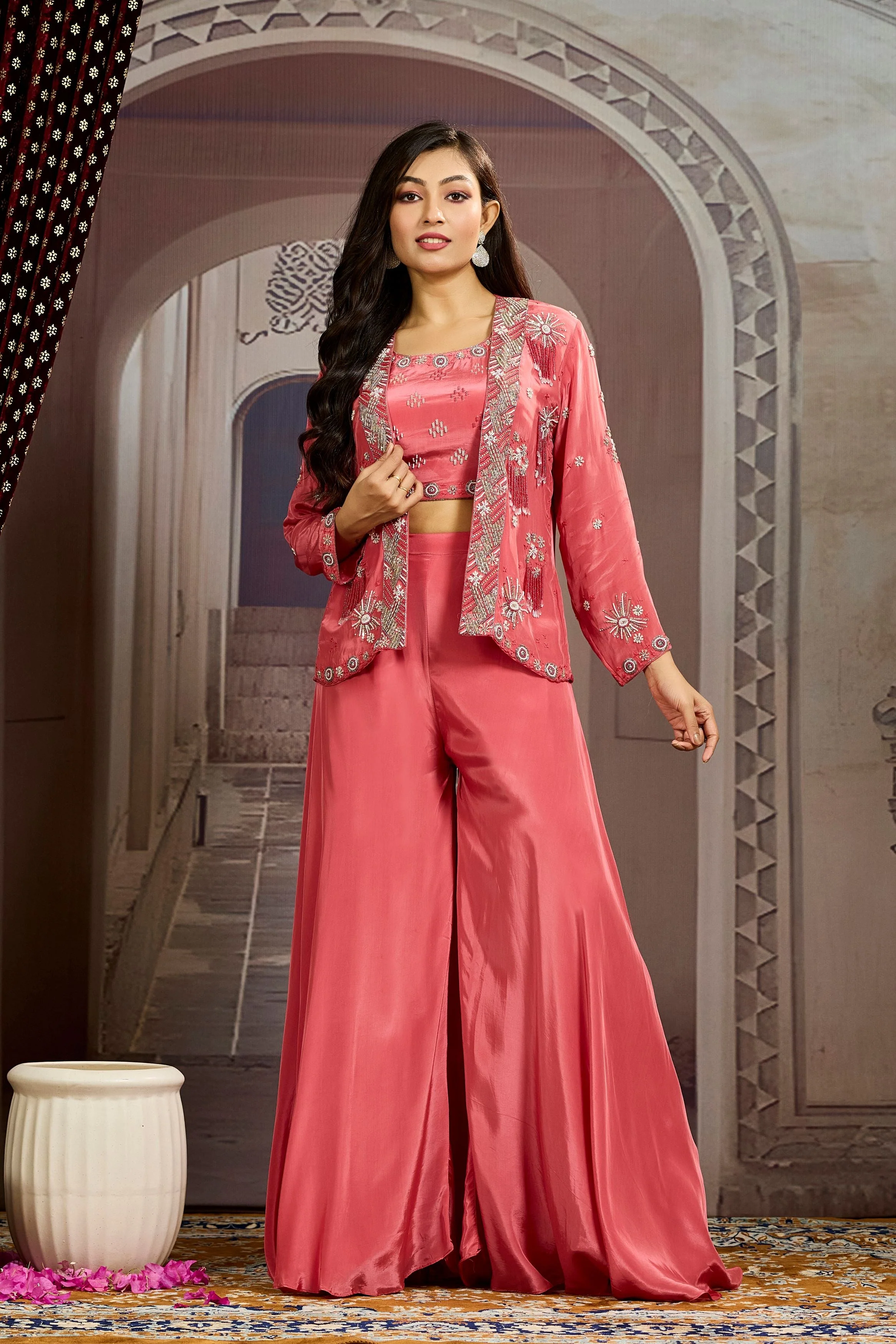 Peach Embellished Chinon Silk Jacket Sharara Set - Image 4