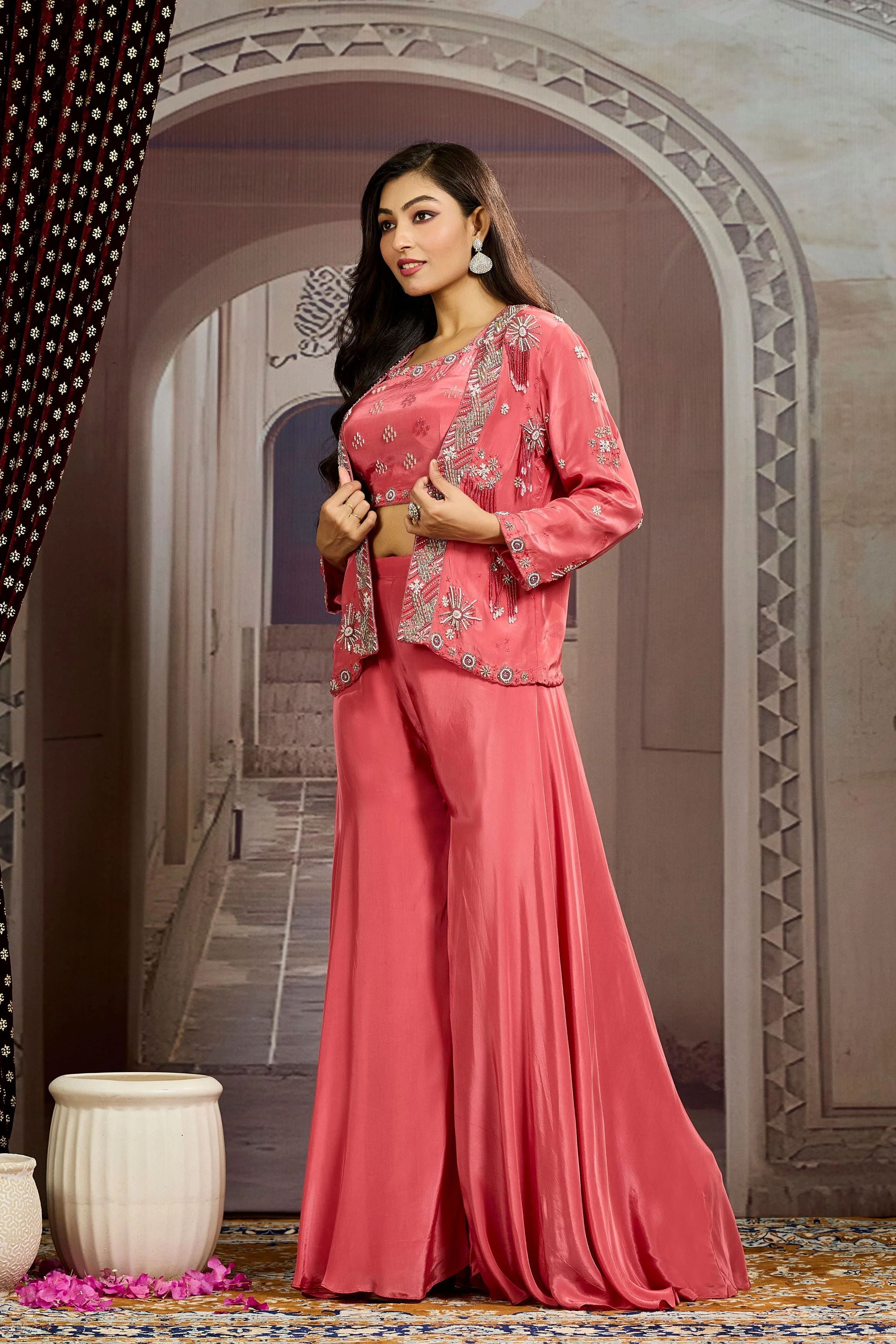Peach Embellished Chinon Silk Jacket Sharara Set - Image 5