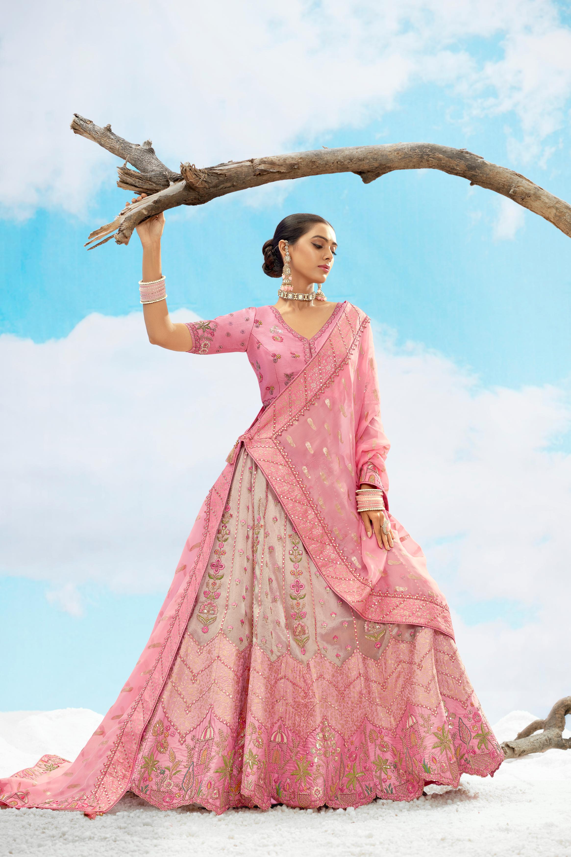 Peach Embroidered Premium Organza Silk Lehenga Set - Image 2