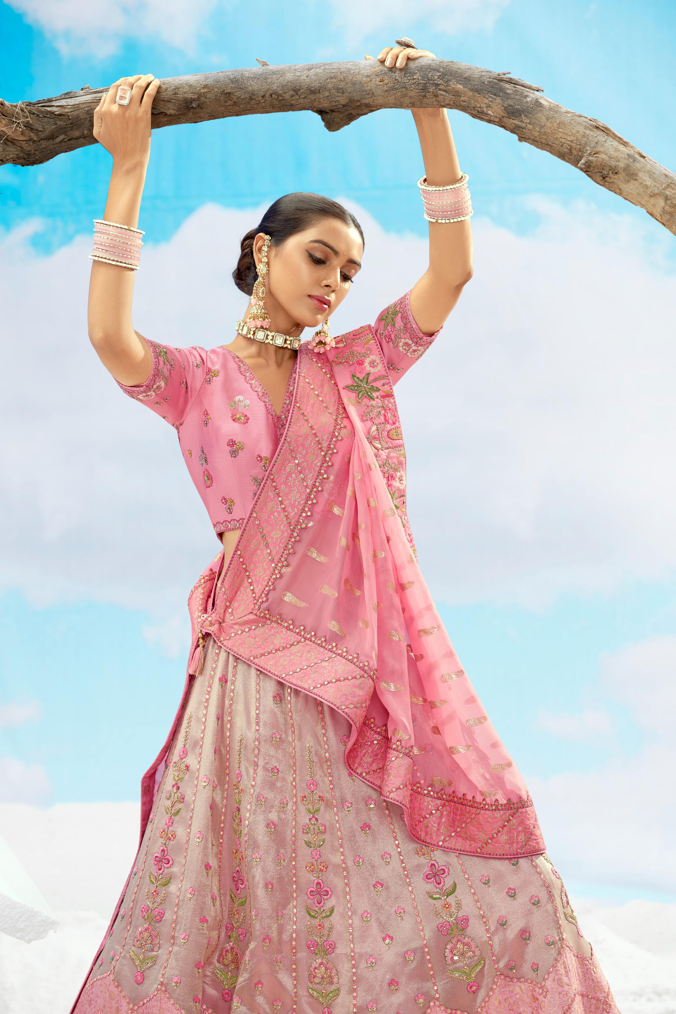 Peach Embroidered Premium Organza Silk Lehenga Set - Image 3