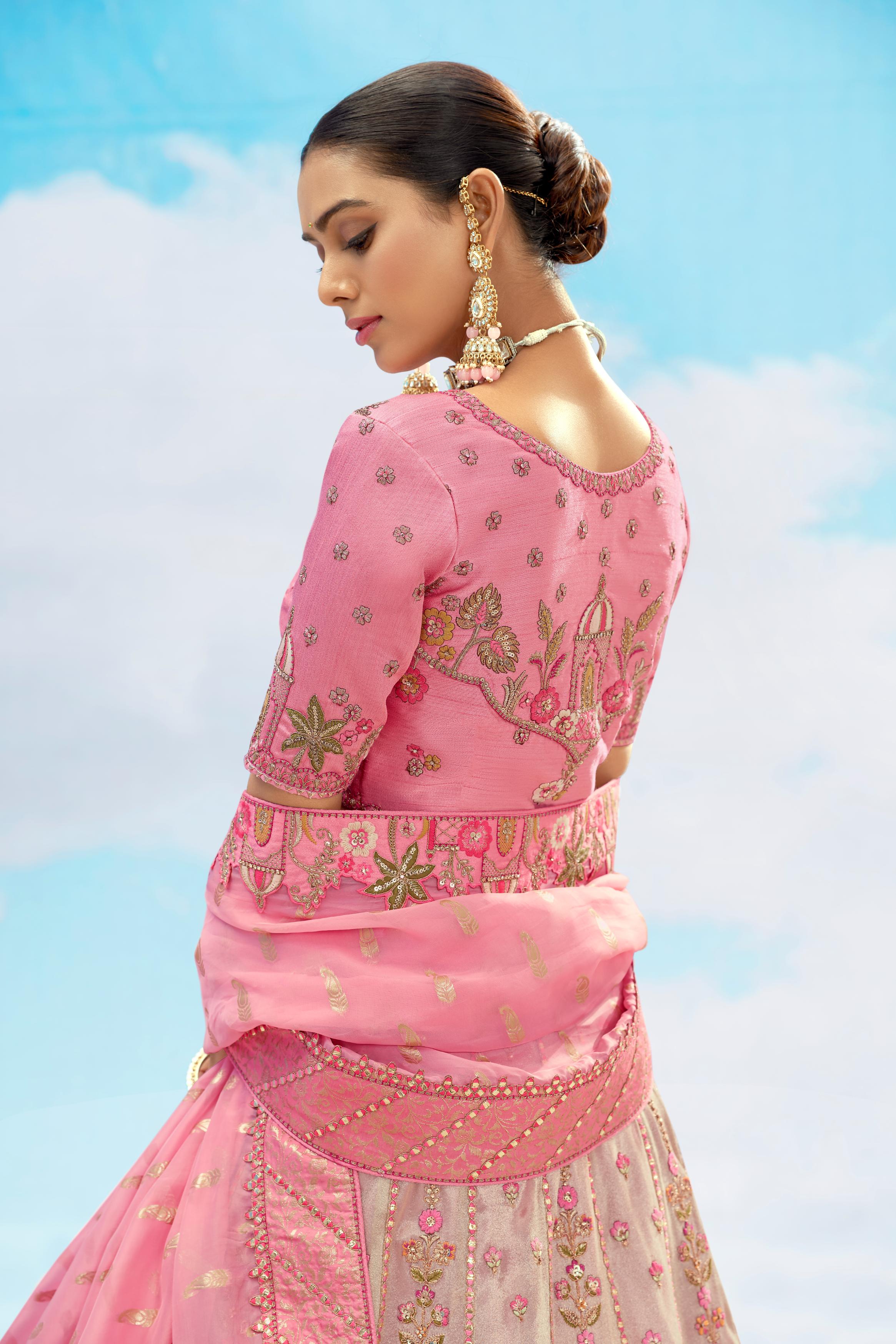Peach Embroidered Premium Organza Silk Lehenga Set - Image 4