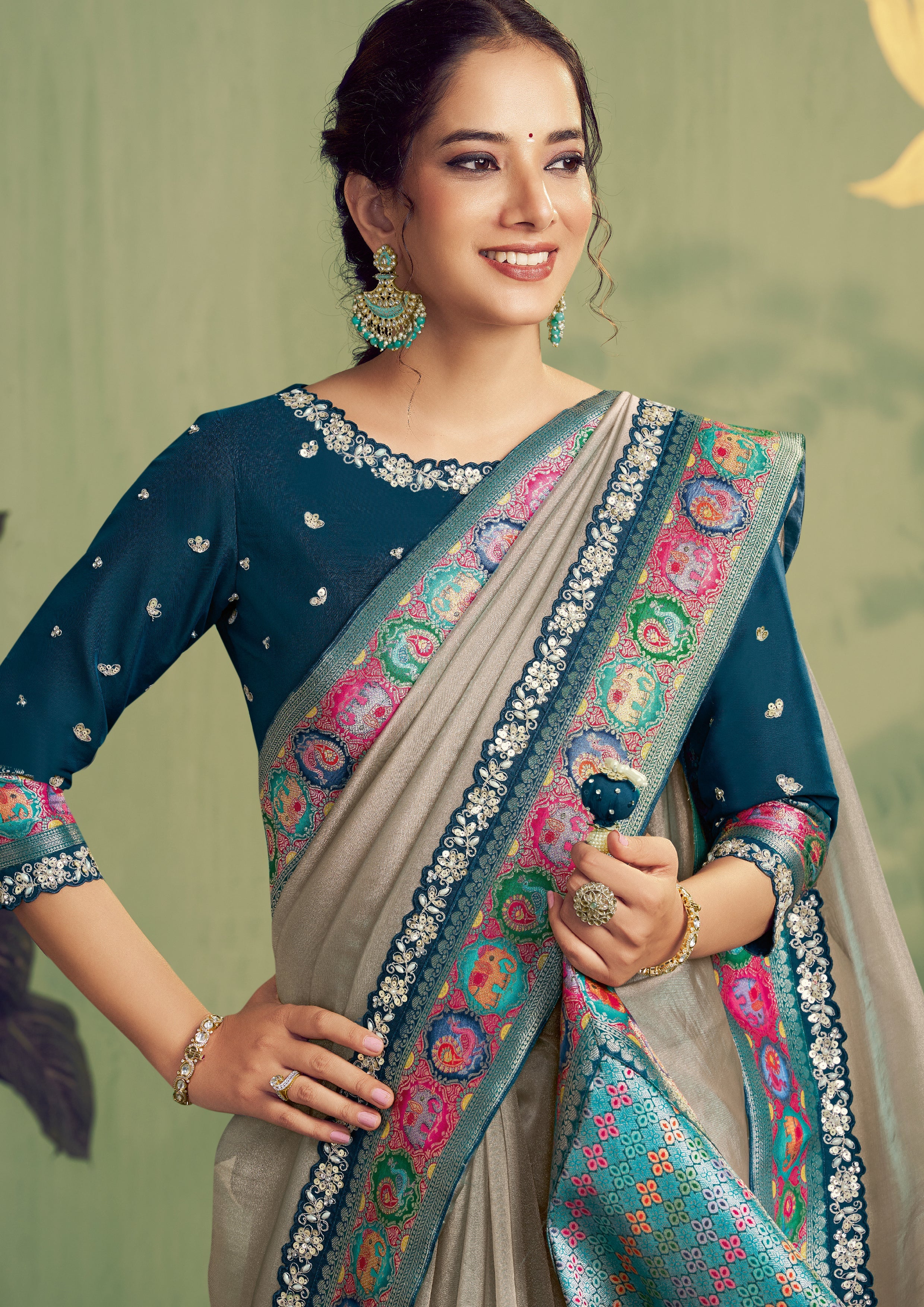 Pale Grey Embellished Tissue Silk Saree - Image 3