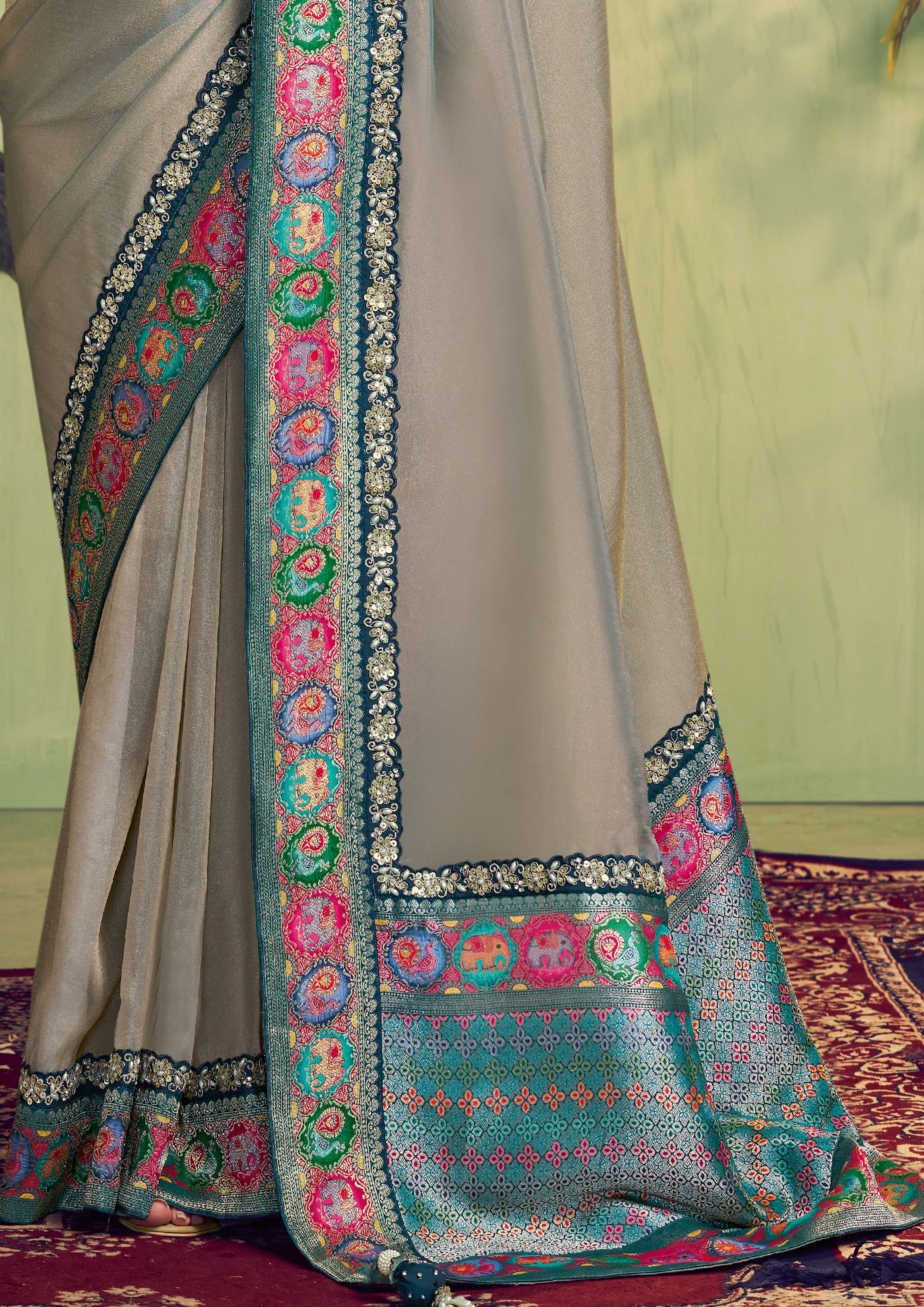 Pale Grey Embellished Tissue Silk Saree - Image 4