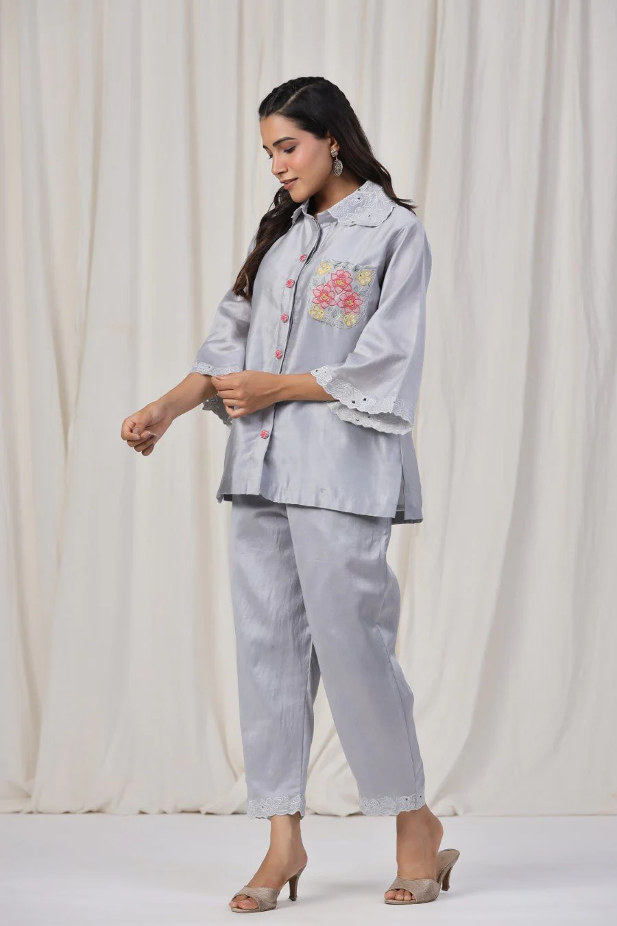 Grey Floral Chanderi Silk Co-ord Set - Image 3