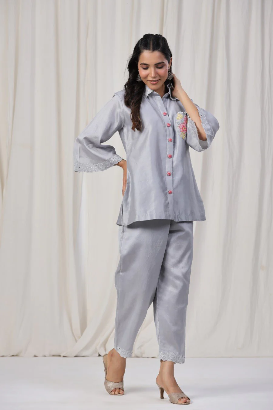 Grey Floral Chanderi Silk Co-ord Set - Image 4
