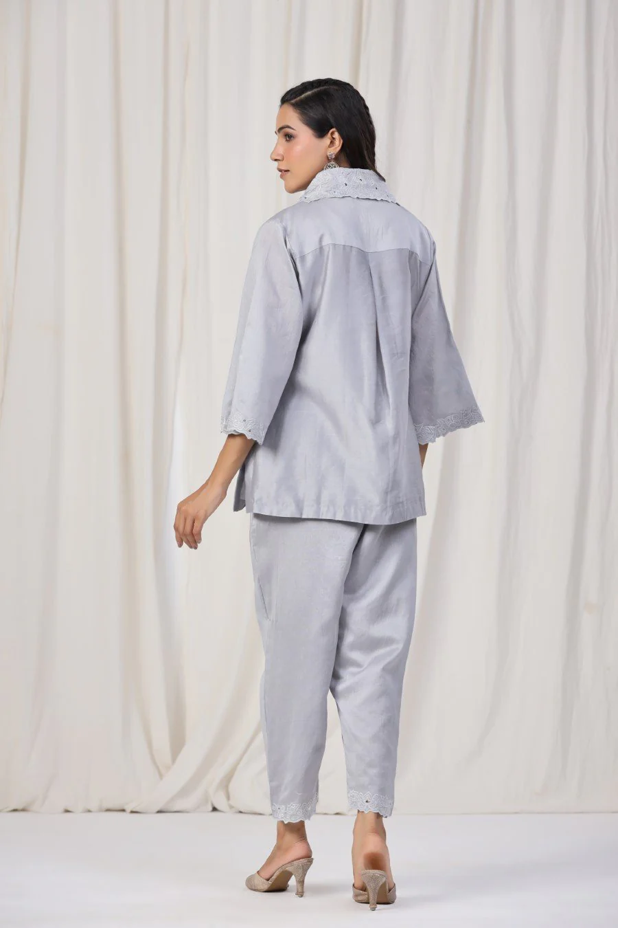 Grey Floral Chanderi Silk Co-ord Set - Image 5