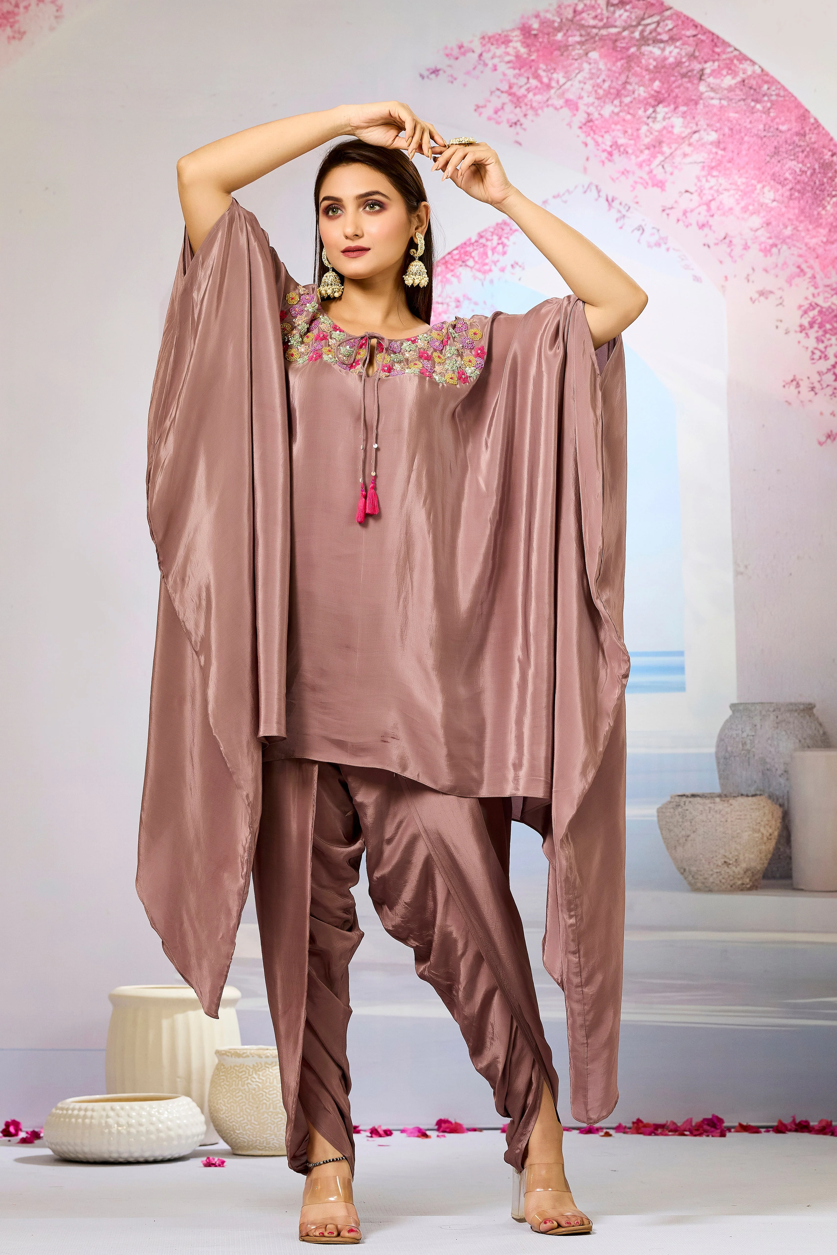Brown Handwork Crepe Silk Kaftan Dhoti Set - Image 3