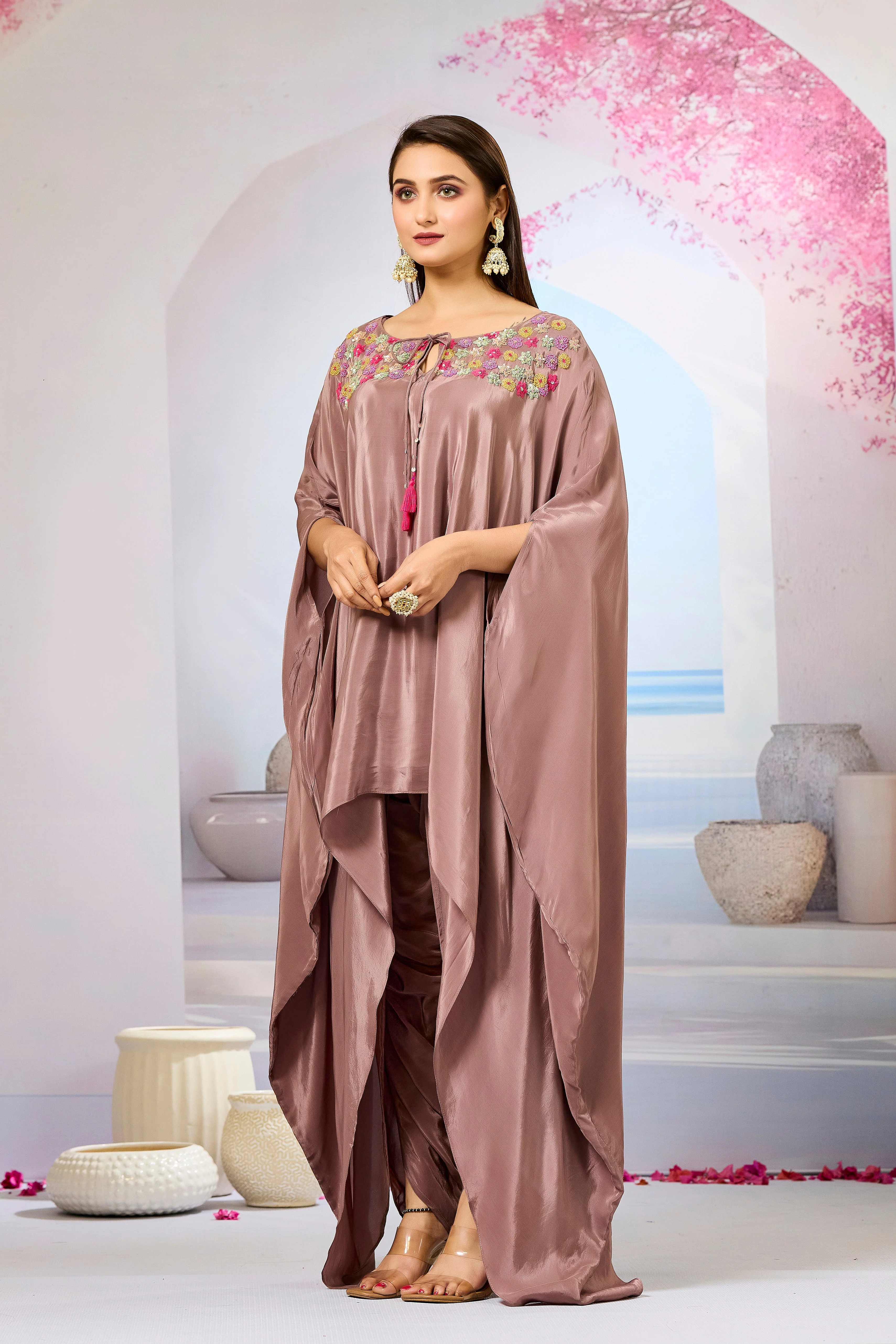 Brown Handwork Crepe Silk Kaftan Dhoti Set - Image 4