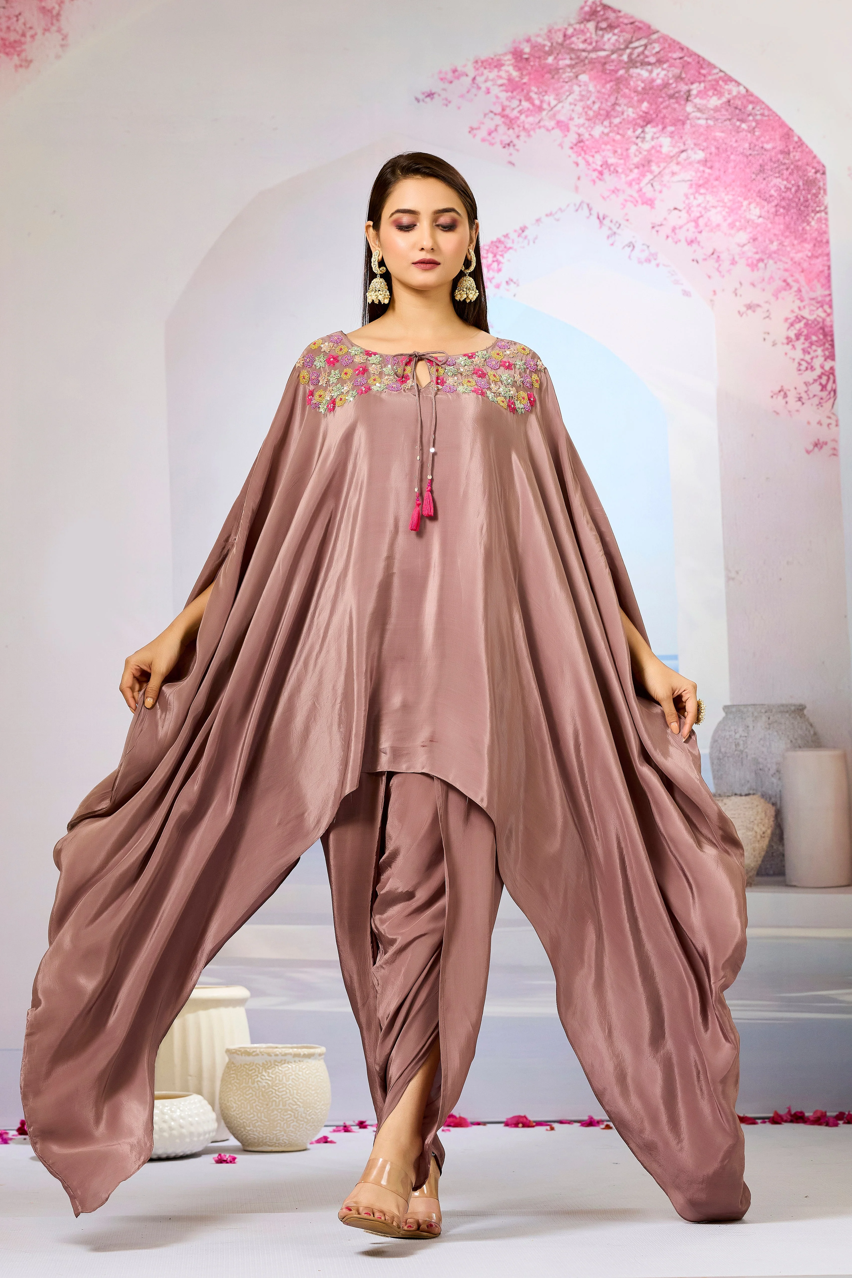 Brown Handwork Crepe Silk Kaftan Dhoti Set - Image 5