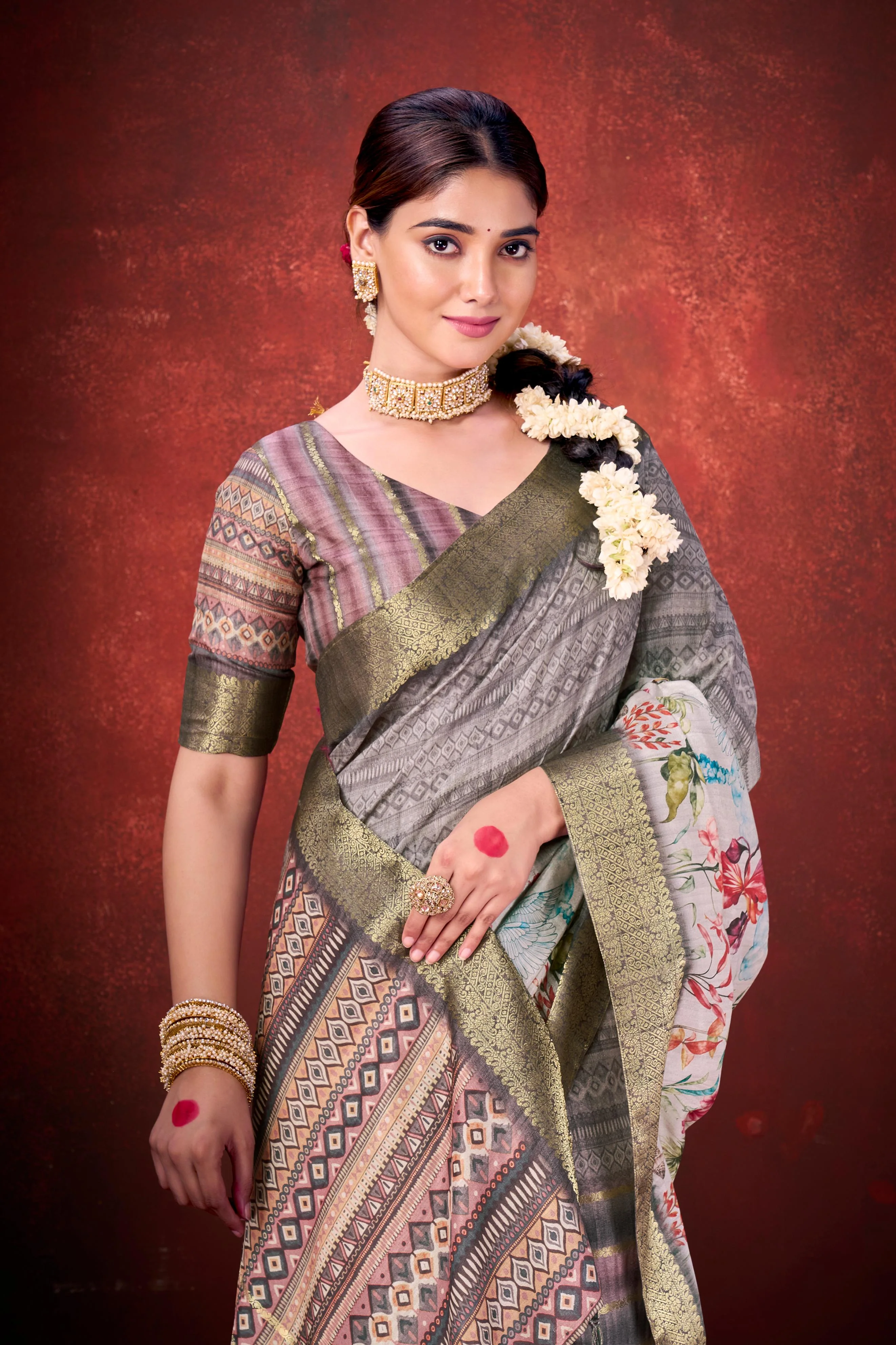 Grey Muga Silk Printed Saree - Image 2