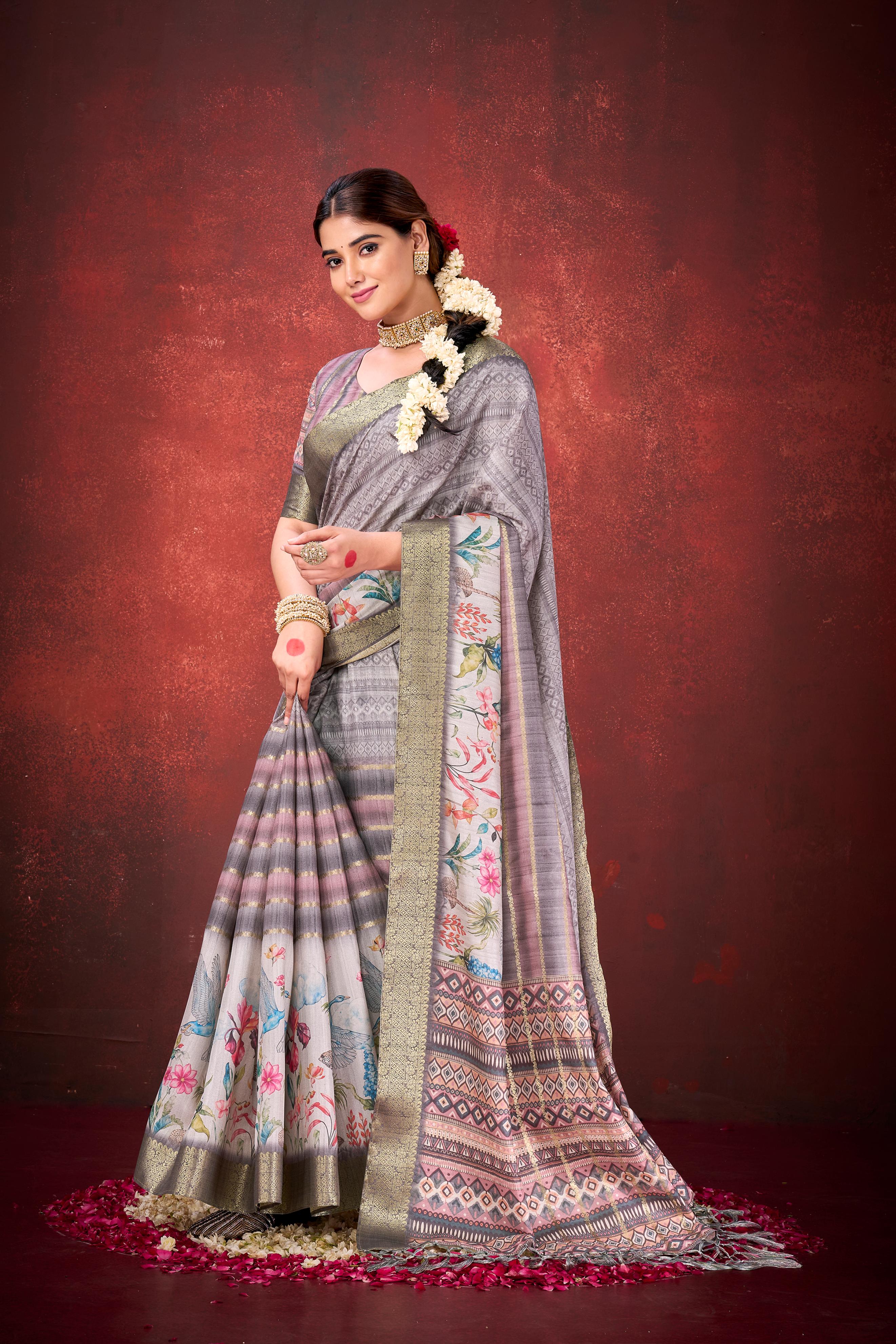 Grey Muga Silk Printed Saree - Image 3