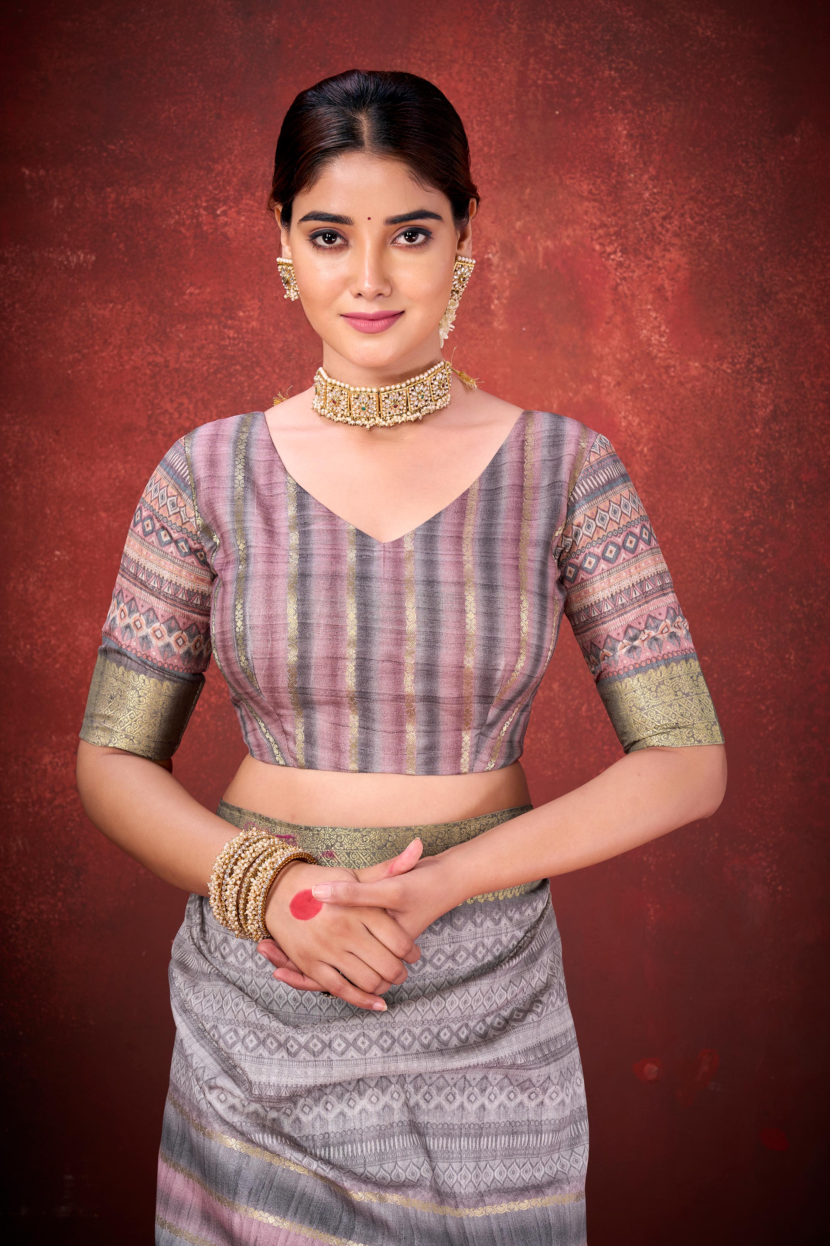 Grey Muga Silk Printed Saree - Image 4
