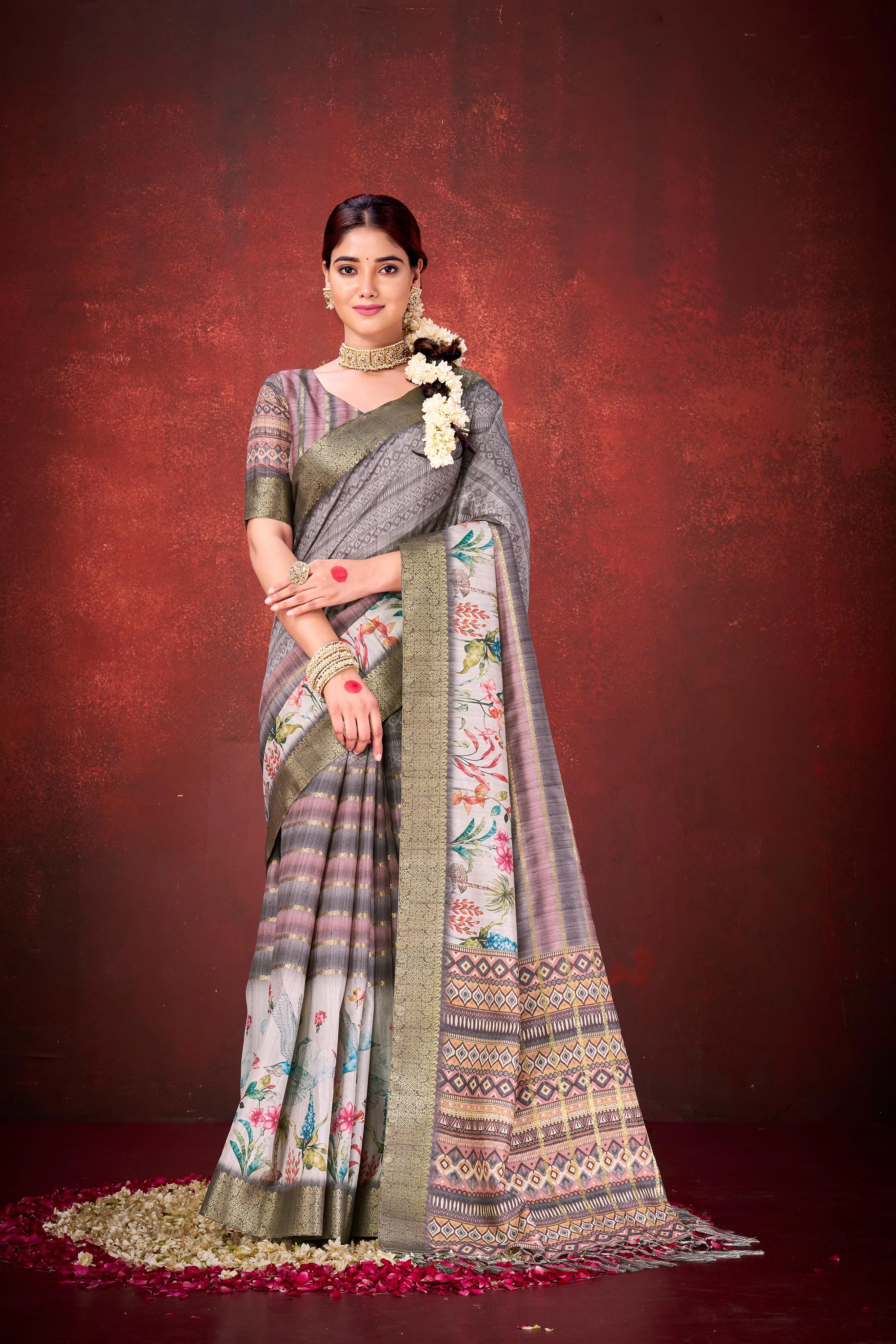 Grey Muga Silk Printed Saree - Image 5