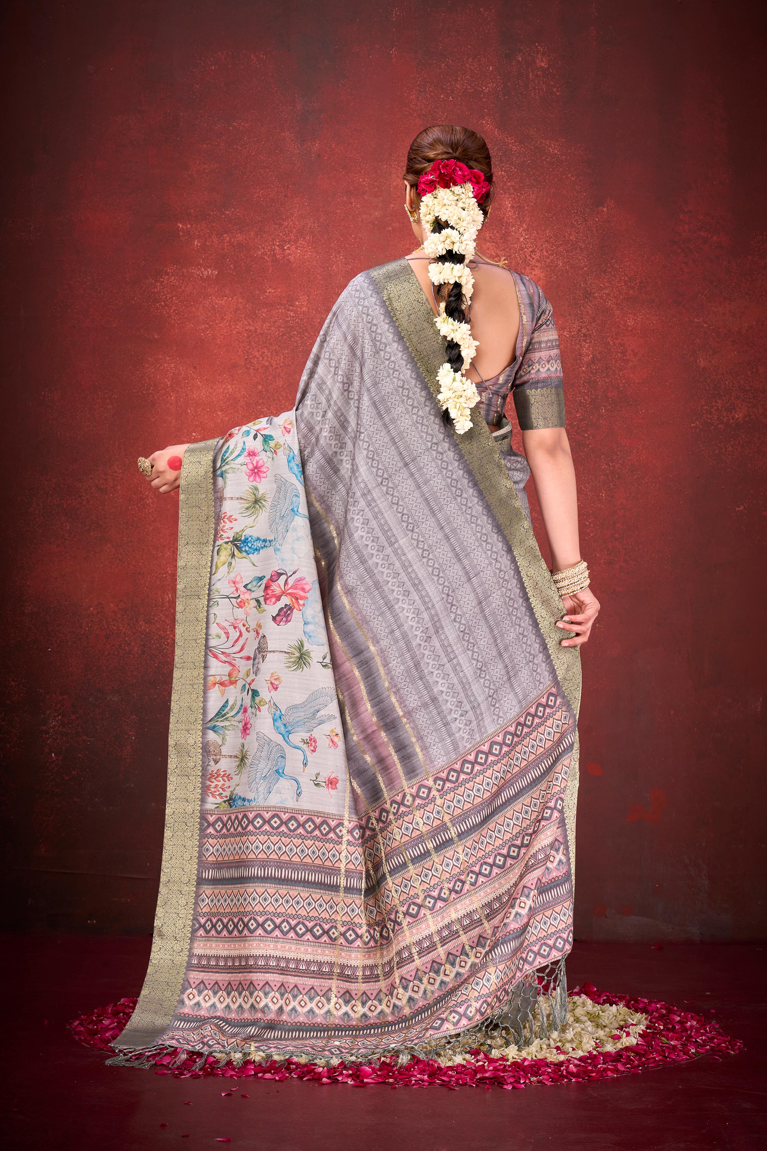 Grey Muga Silk Printed Saree - Image 6