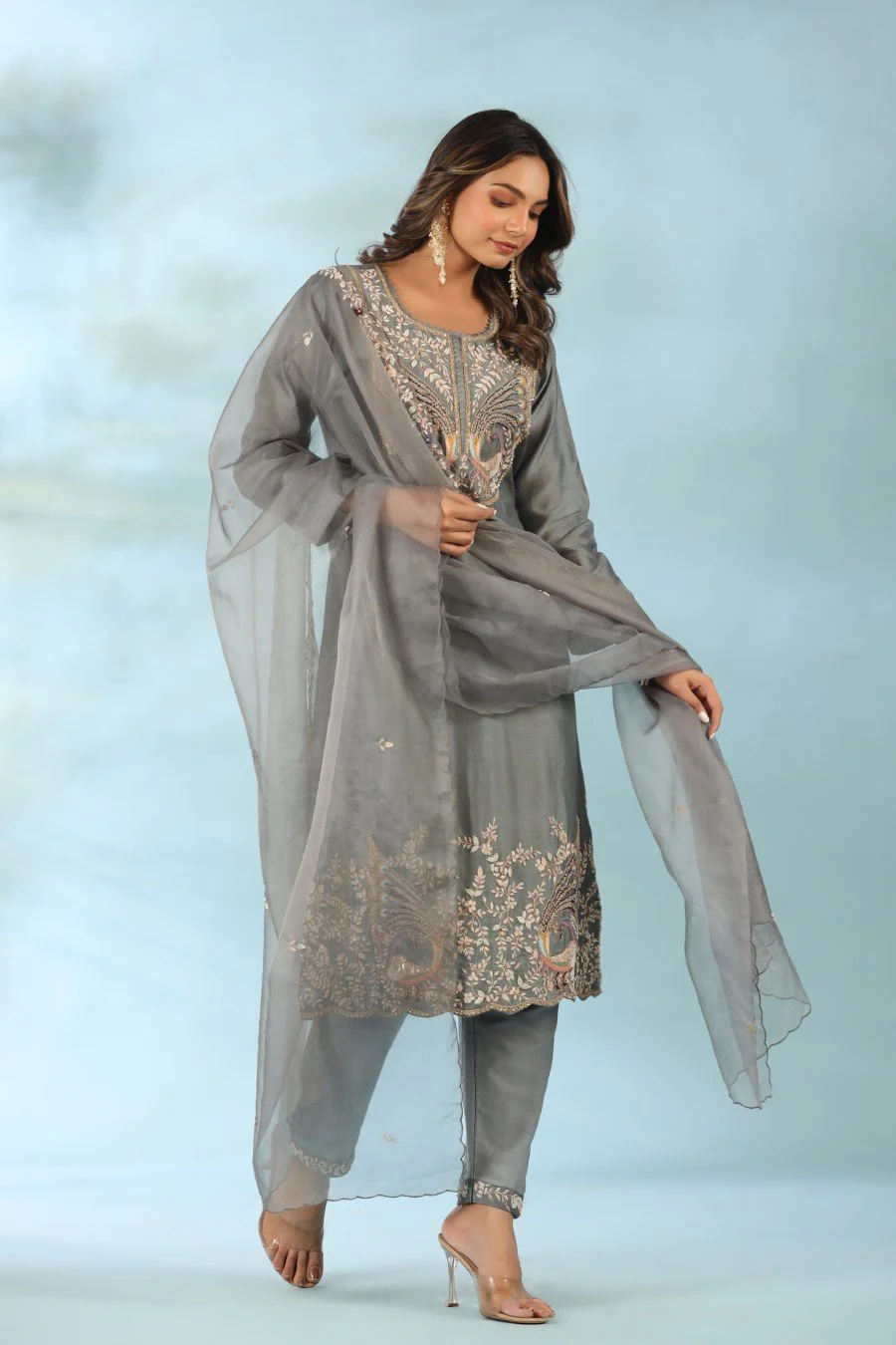Grey Organza Silk Embroidered Kurta Set - Image 3