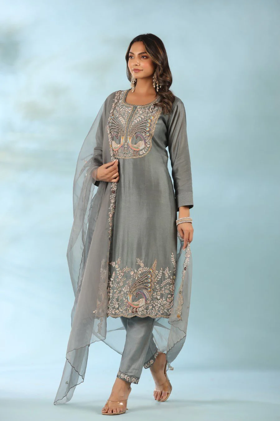 Grey Organza Silk Embroidered Kurta Set - Image 4