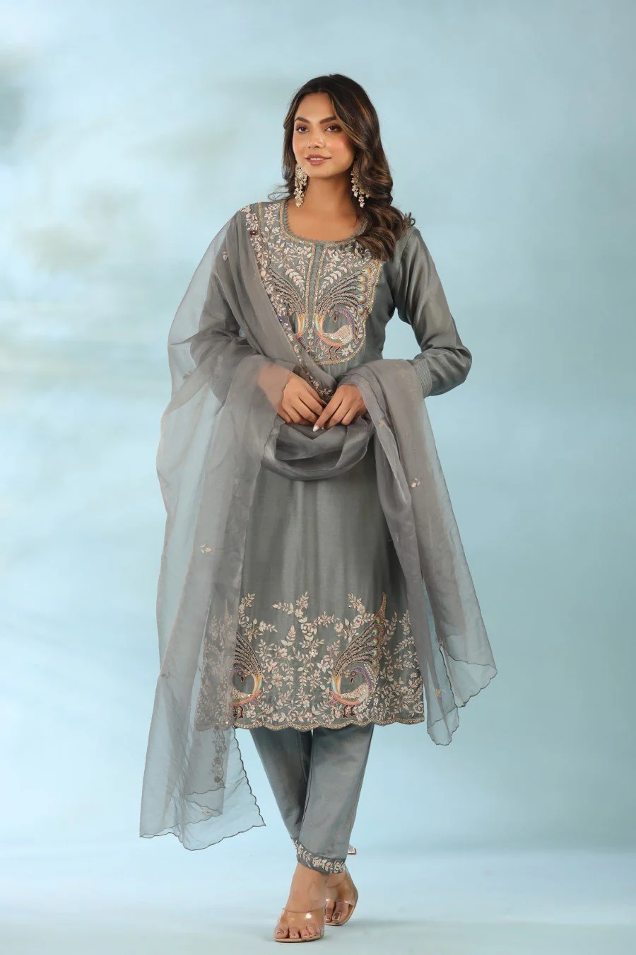 Grey Organza Silk Embroidered Kurta Set - Image 6