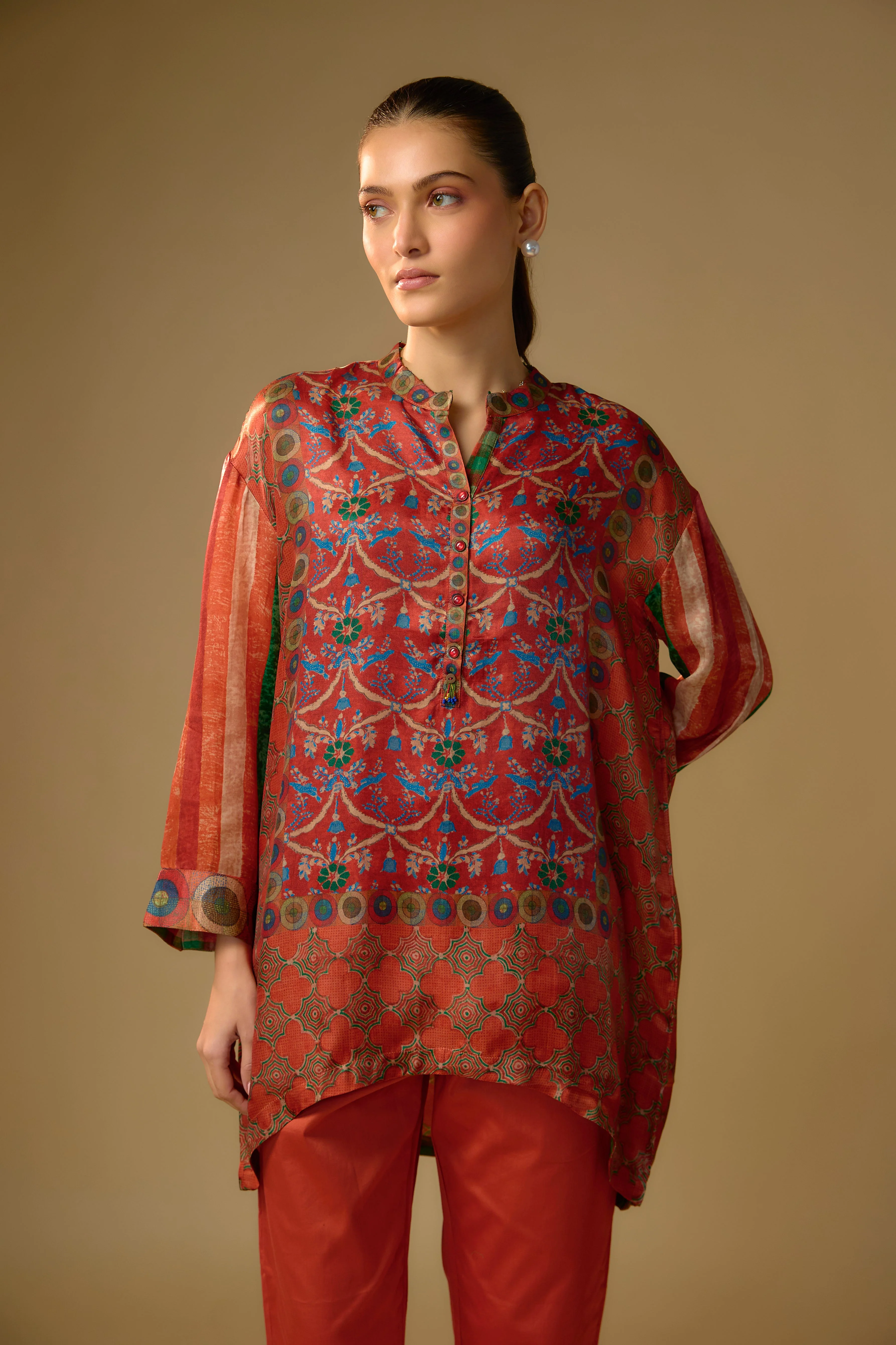 Orange Printed Slub Cotton Silk Tunic Top - Image 2
