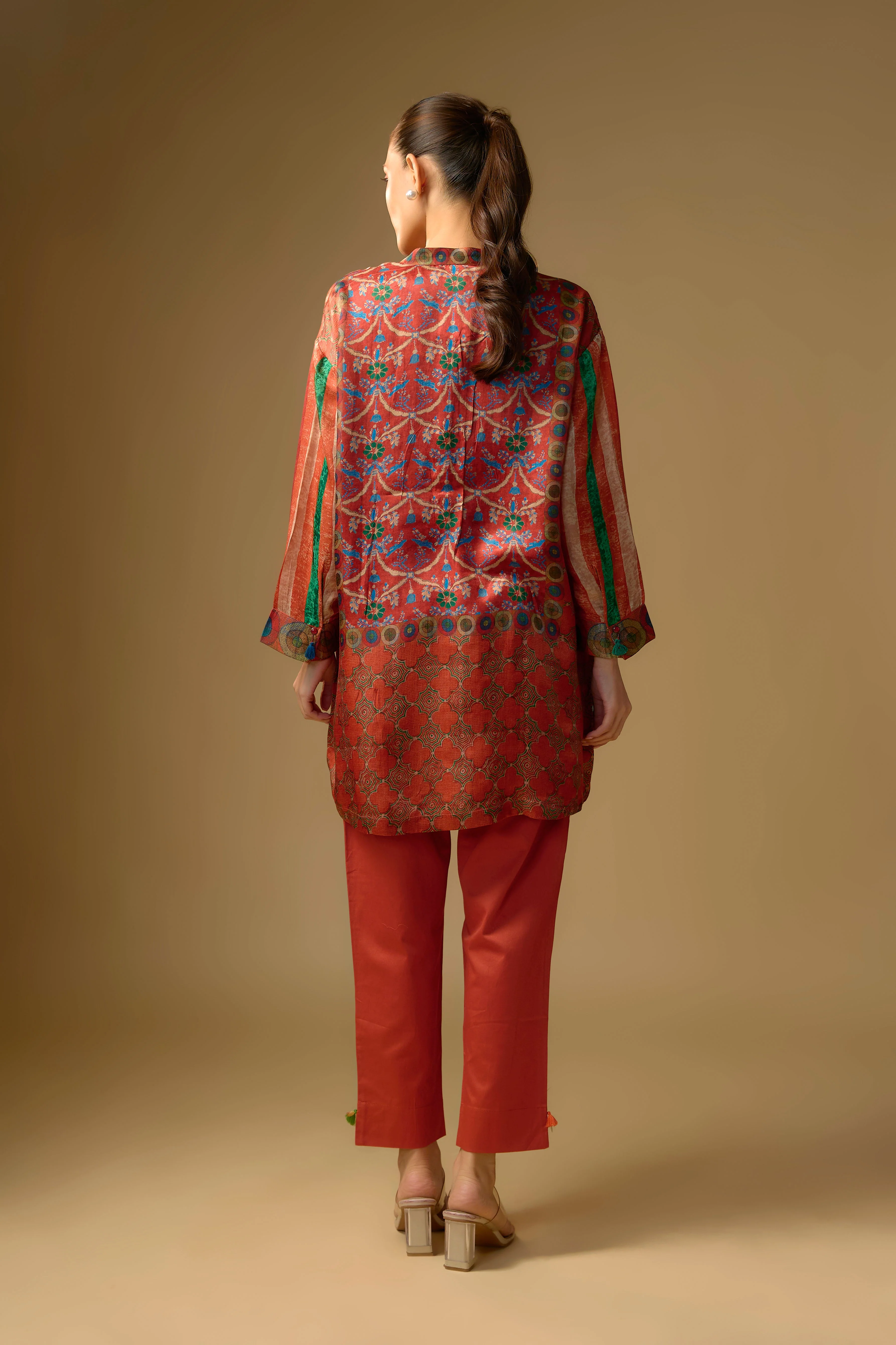 Orange Printed Slub Cotton Silk Tunic Top - Image 3