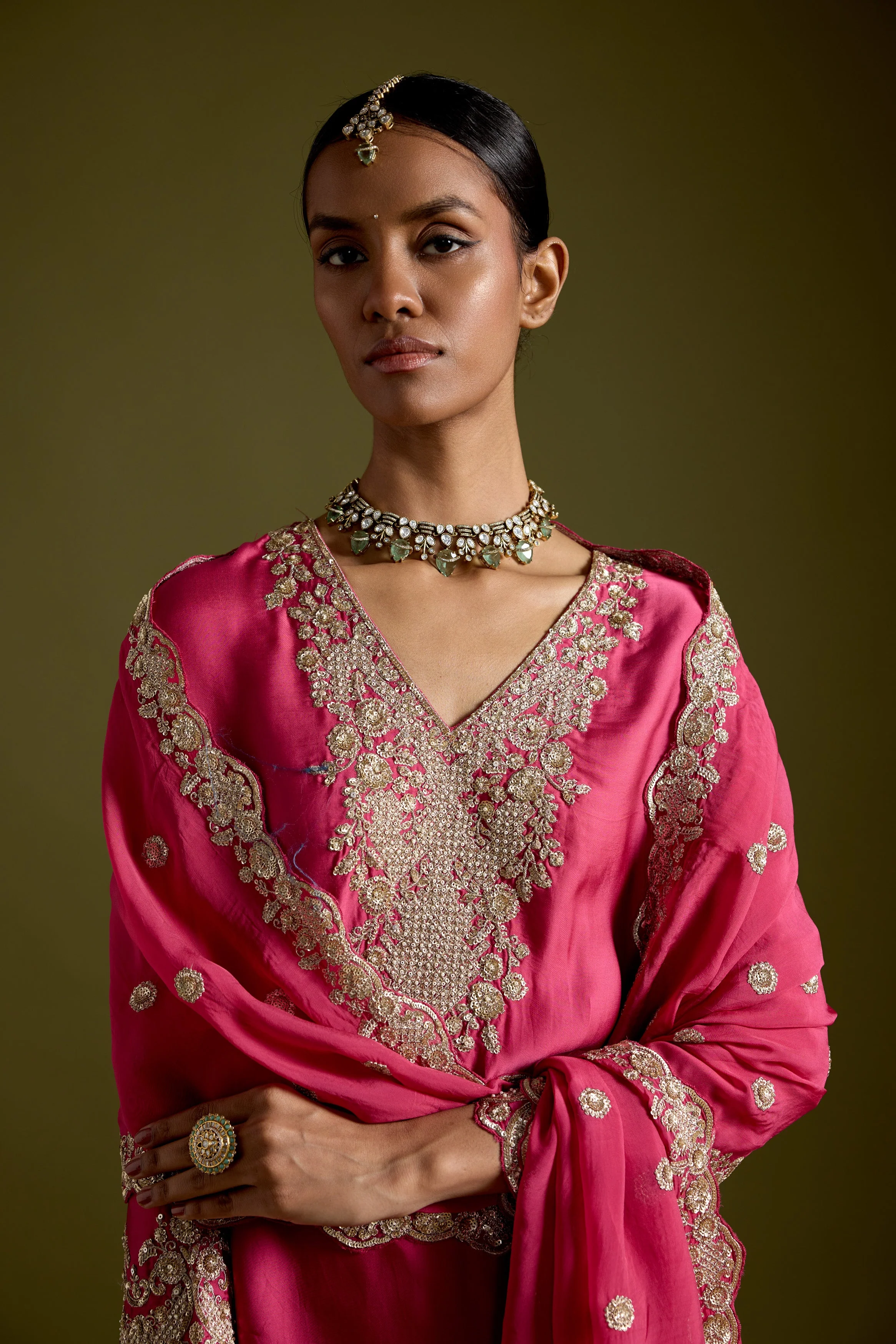 Magenta Flame Embellished Satin Silk Palazzo Set - Image 2