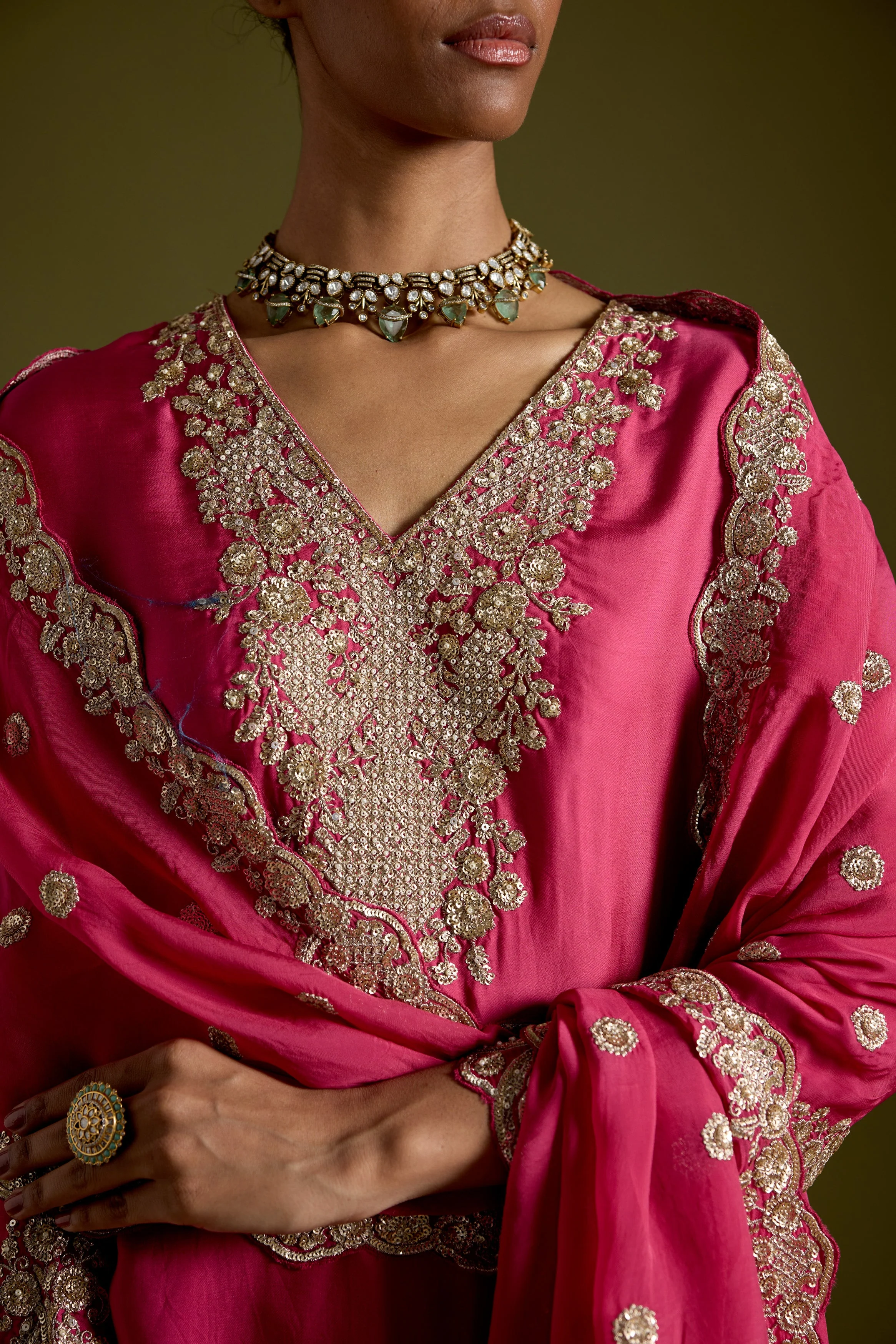 Magenta Flame Embellished Satin Silk Palazzo Set - Image 3