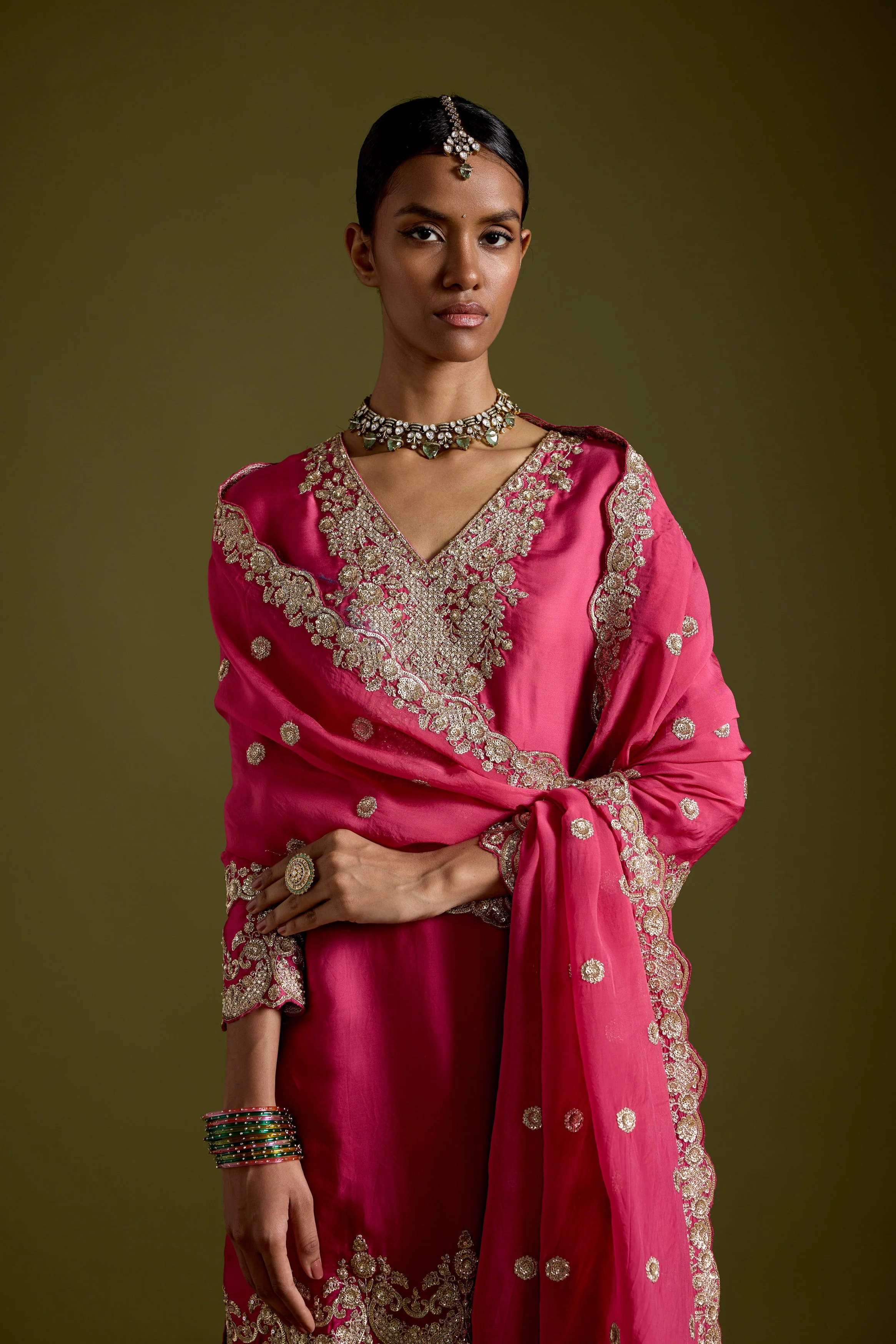 Magenta Flame Embellished Satin Silk Palazzo Set - Image 4