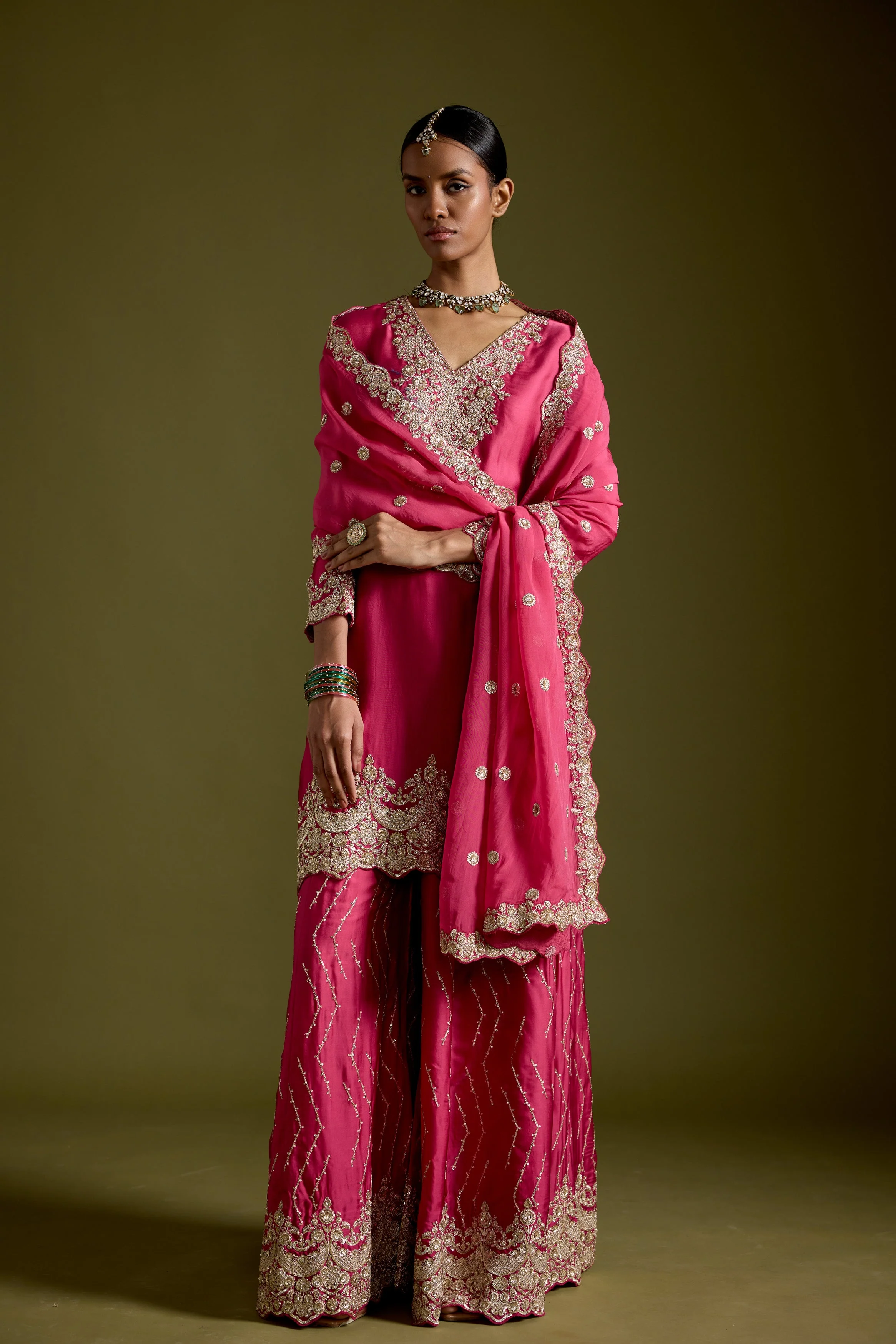 Magenta Flame Embellished Satin Silk Palazzo Set - Image 5