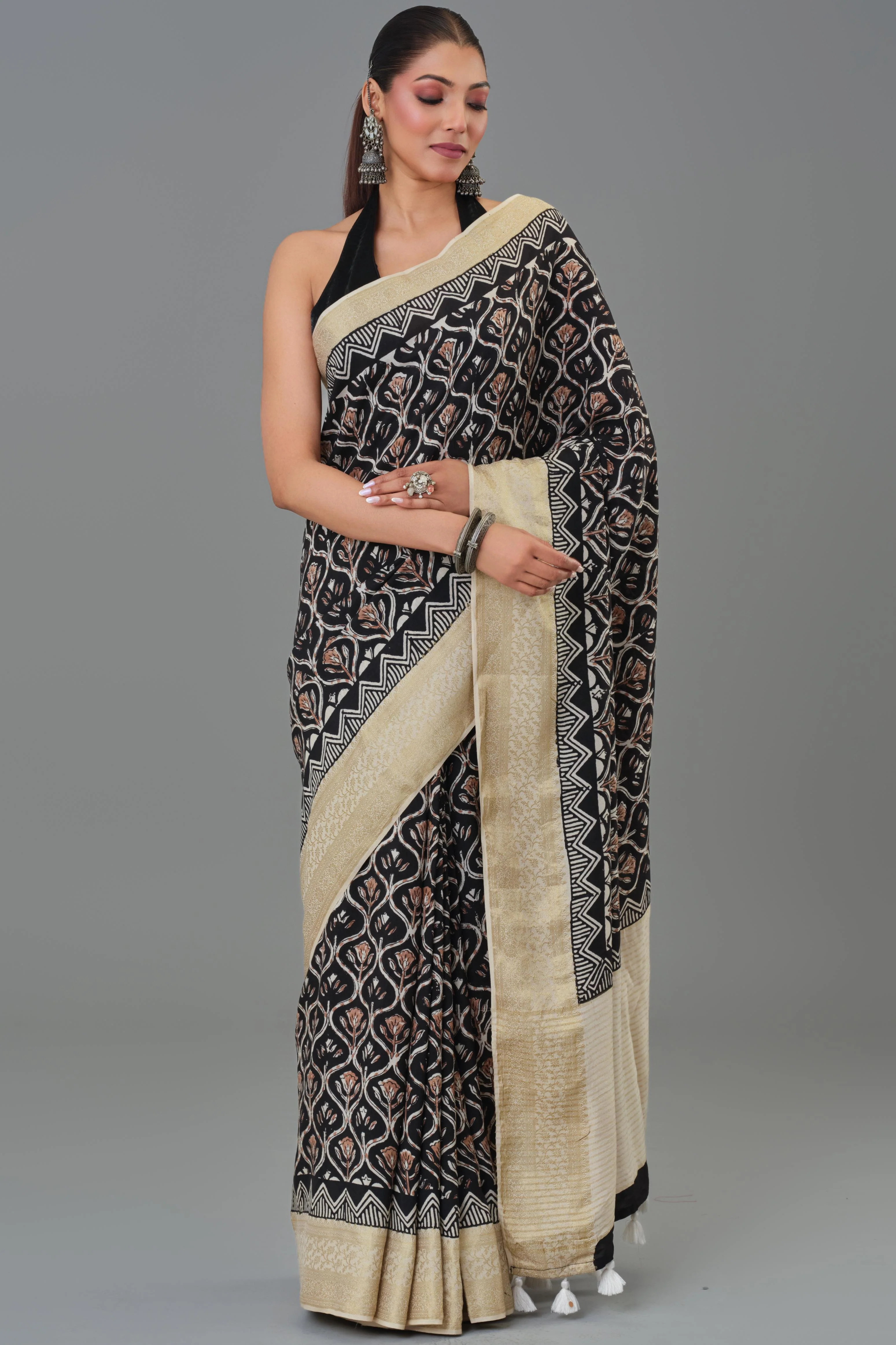 Black Hand Block Printed Dola Silk Saree - Image 2