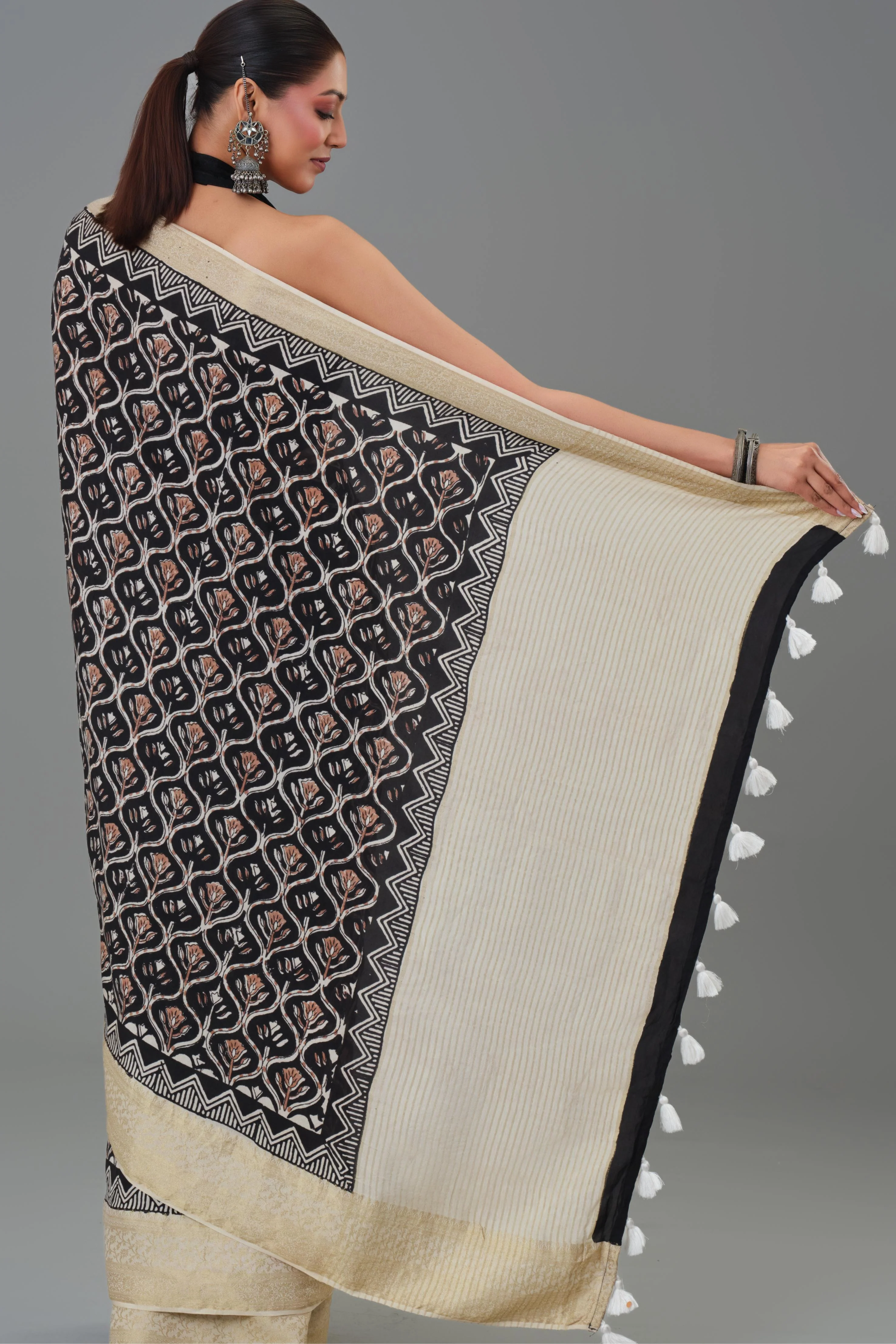 Black Hand Block Printed Dola Silk Saree - Image 3