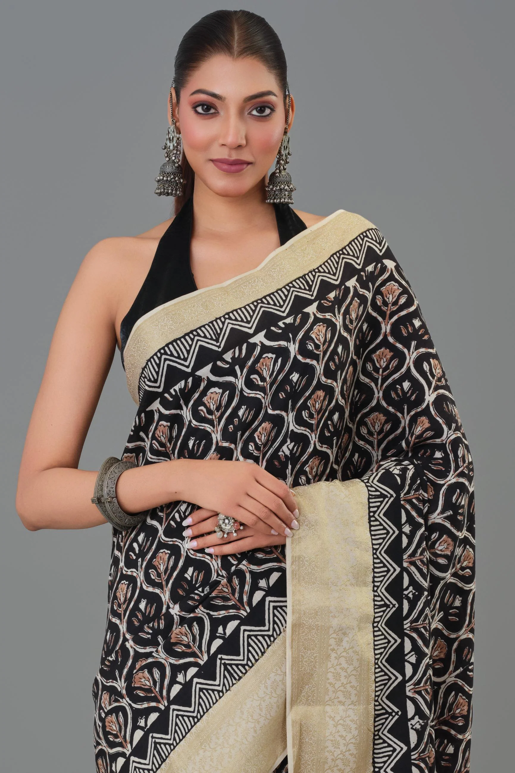 Black Hand Block Printed Dola Silk Saree - Image 4