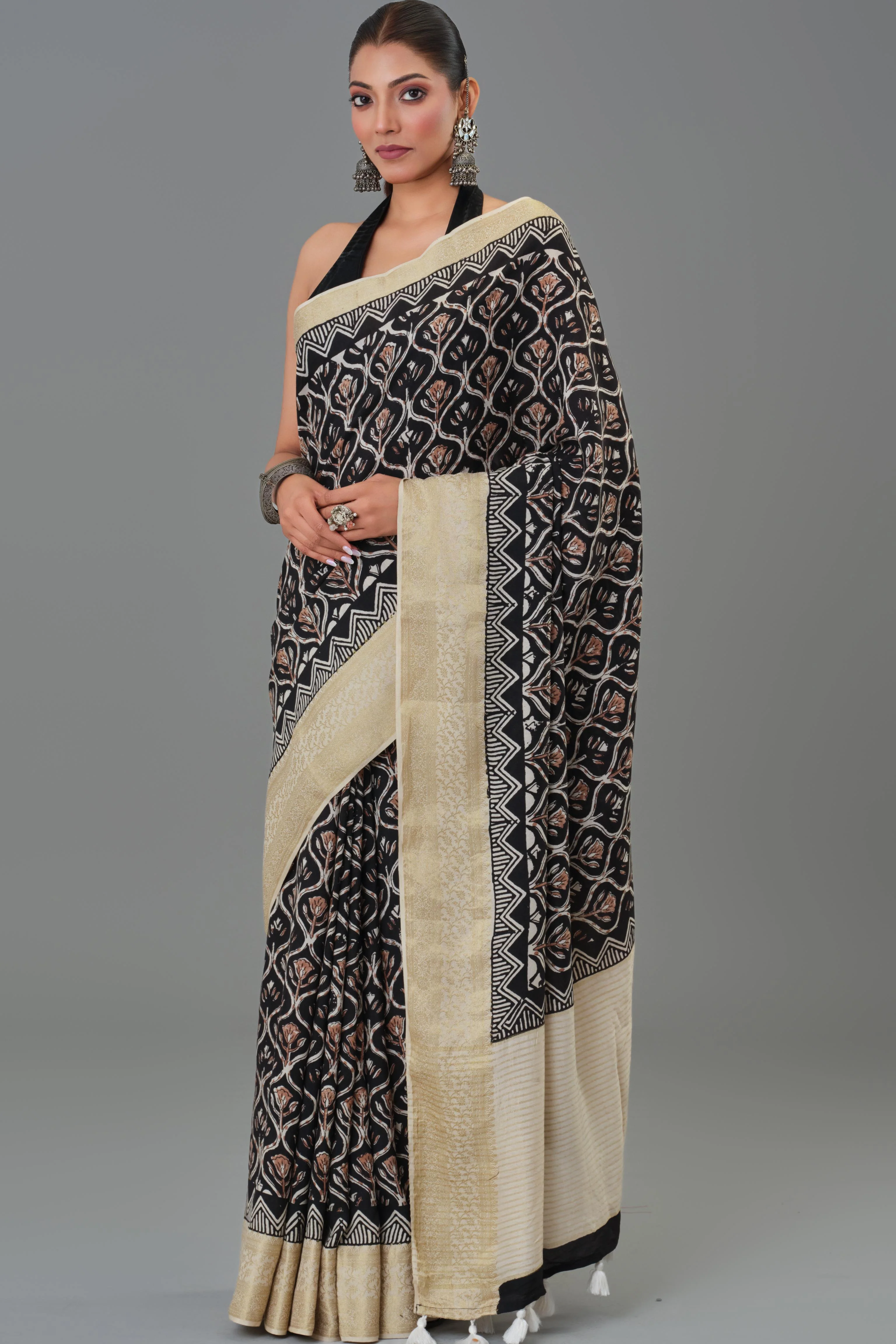 Black Hand Block Printed Dola Silk Saree - Image 5