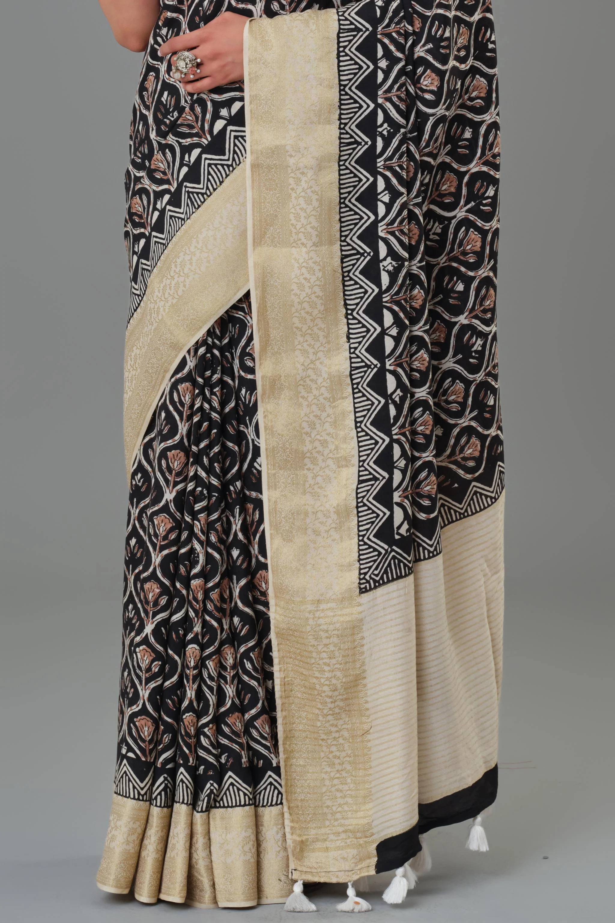 Black Hand Block Printed Dola Silk Saree - Image 6