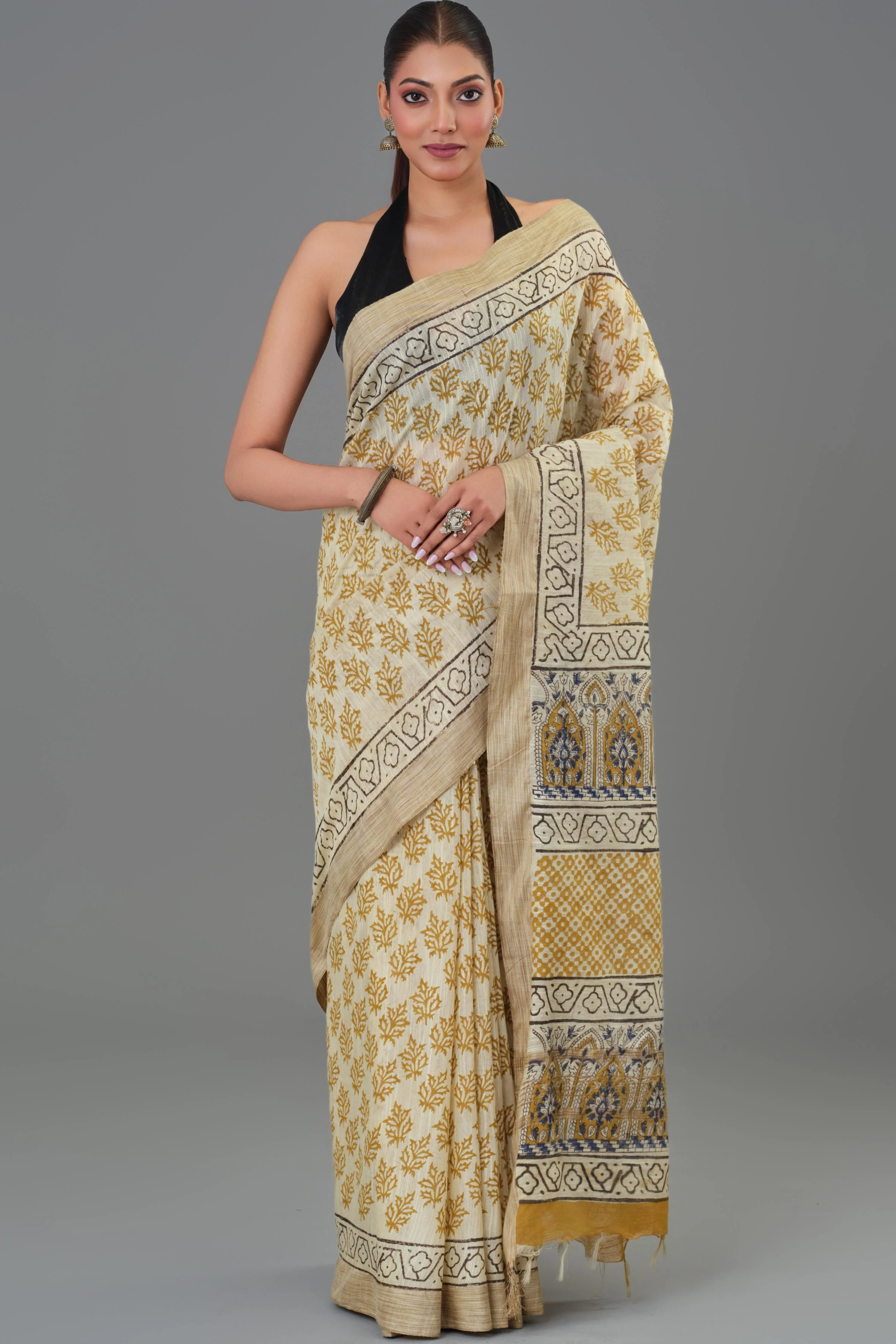 Mustard Hand Block Printed Linen Saree - Image 2