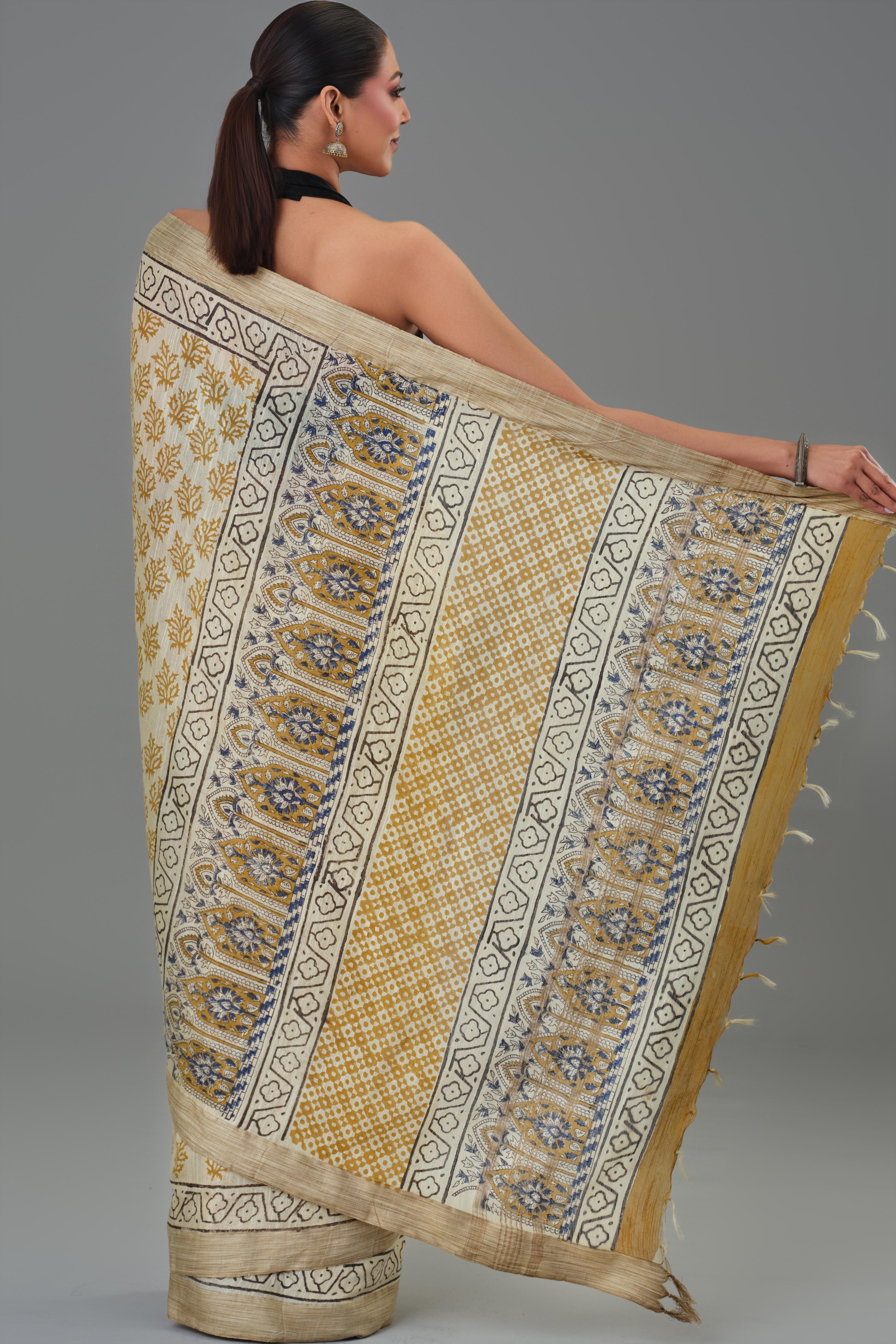 Mustard Hand Block Printed Linen Saree - Image 3
