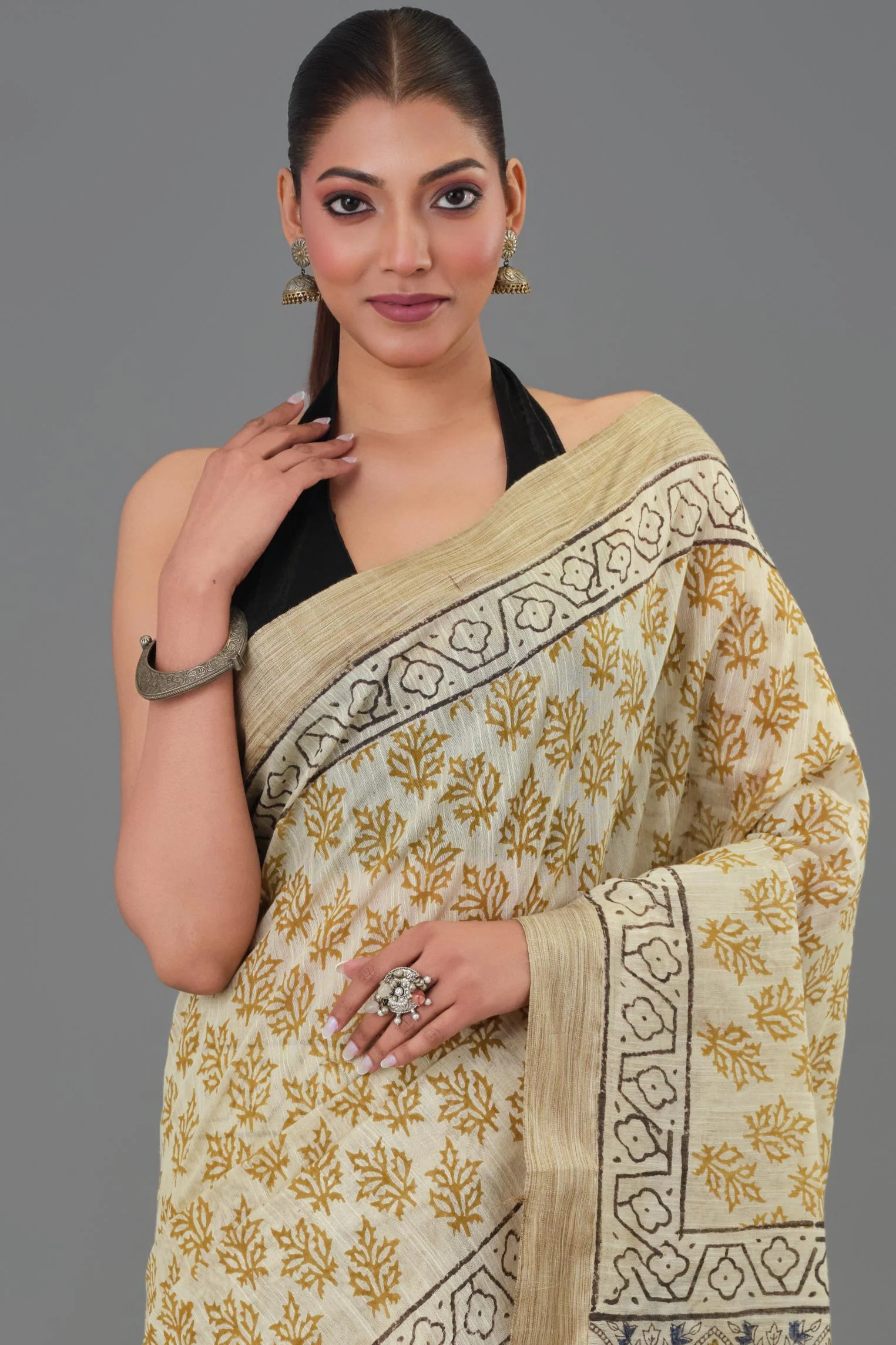 Mustard Hand Block Printed Linen Saree - Image 4