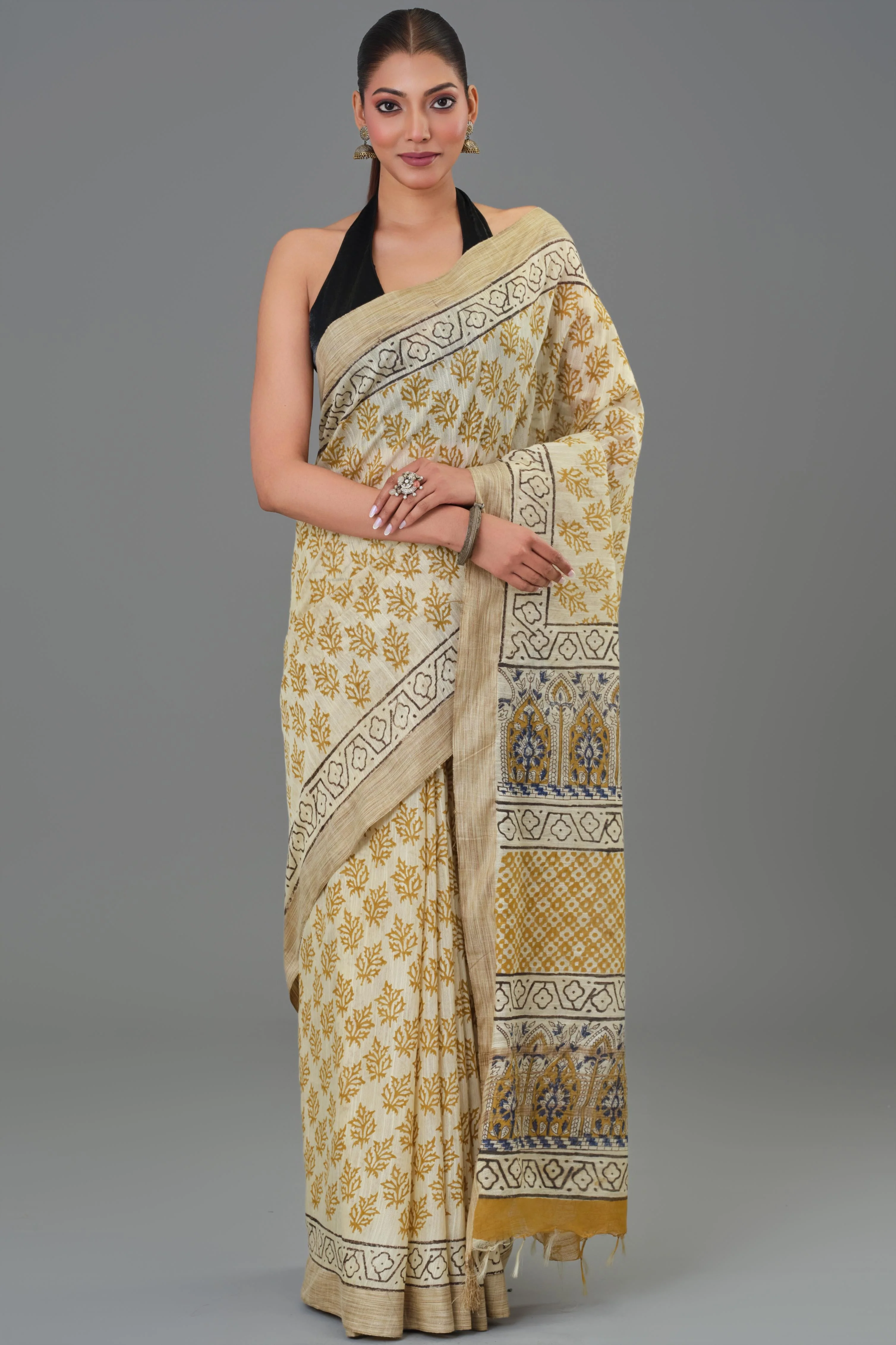 Mustard Hand Block Printed Linen Saree - Image 5